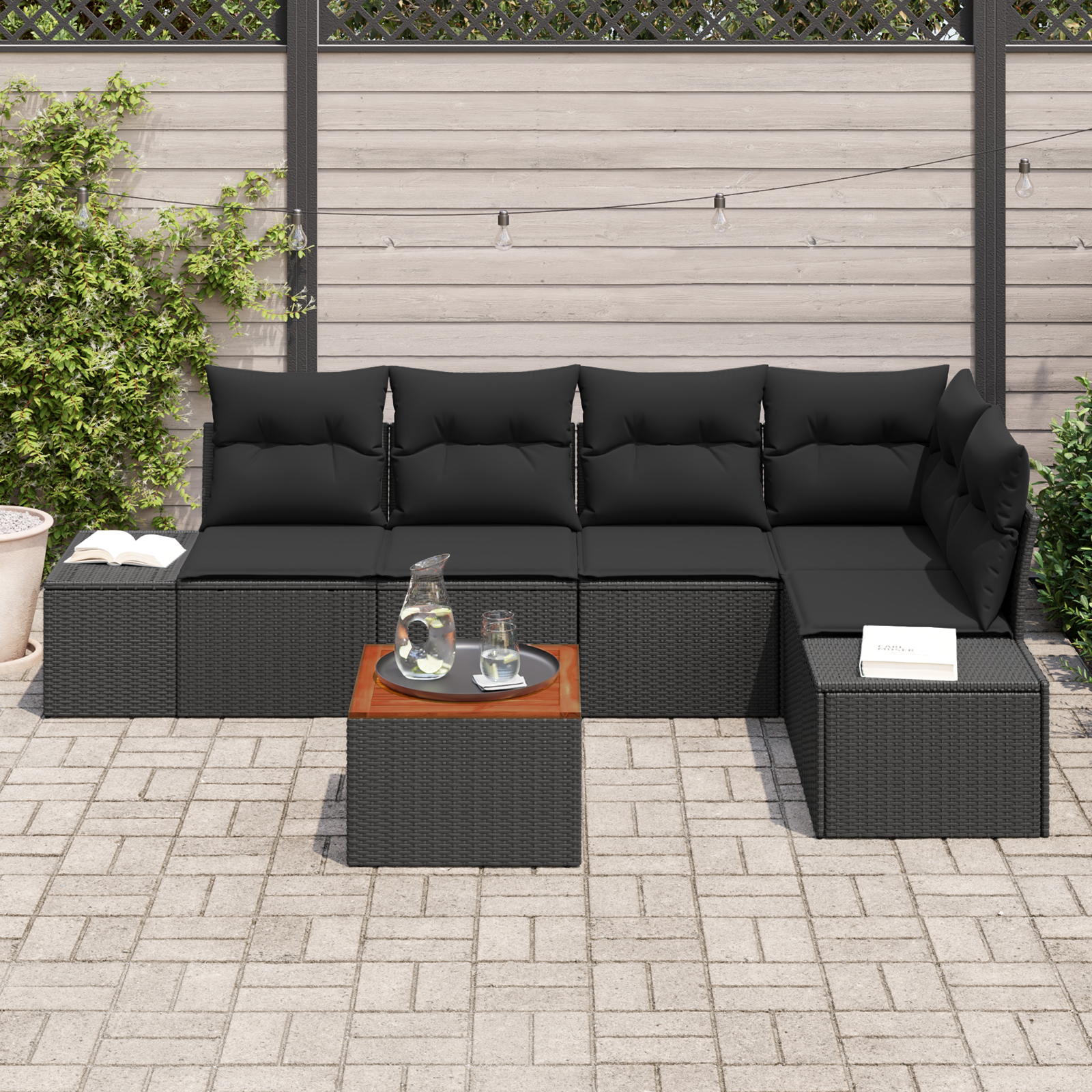 vidaXL 6-delige Tuinbankenset met kussens poly rattan acaciahout zwart