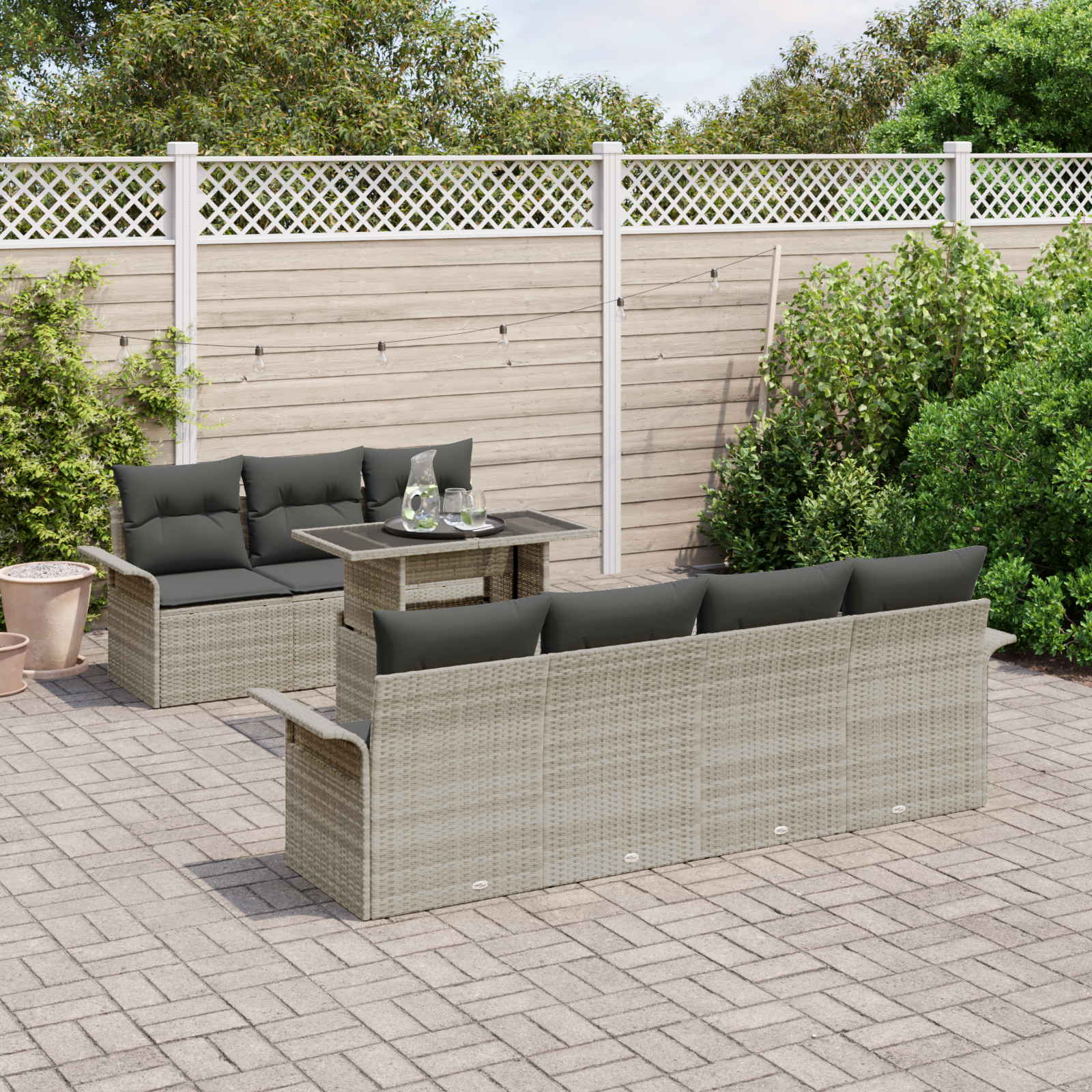 vidaXL 8-delige Tuinbankenset met kussens poly rattan lichtgrijs