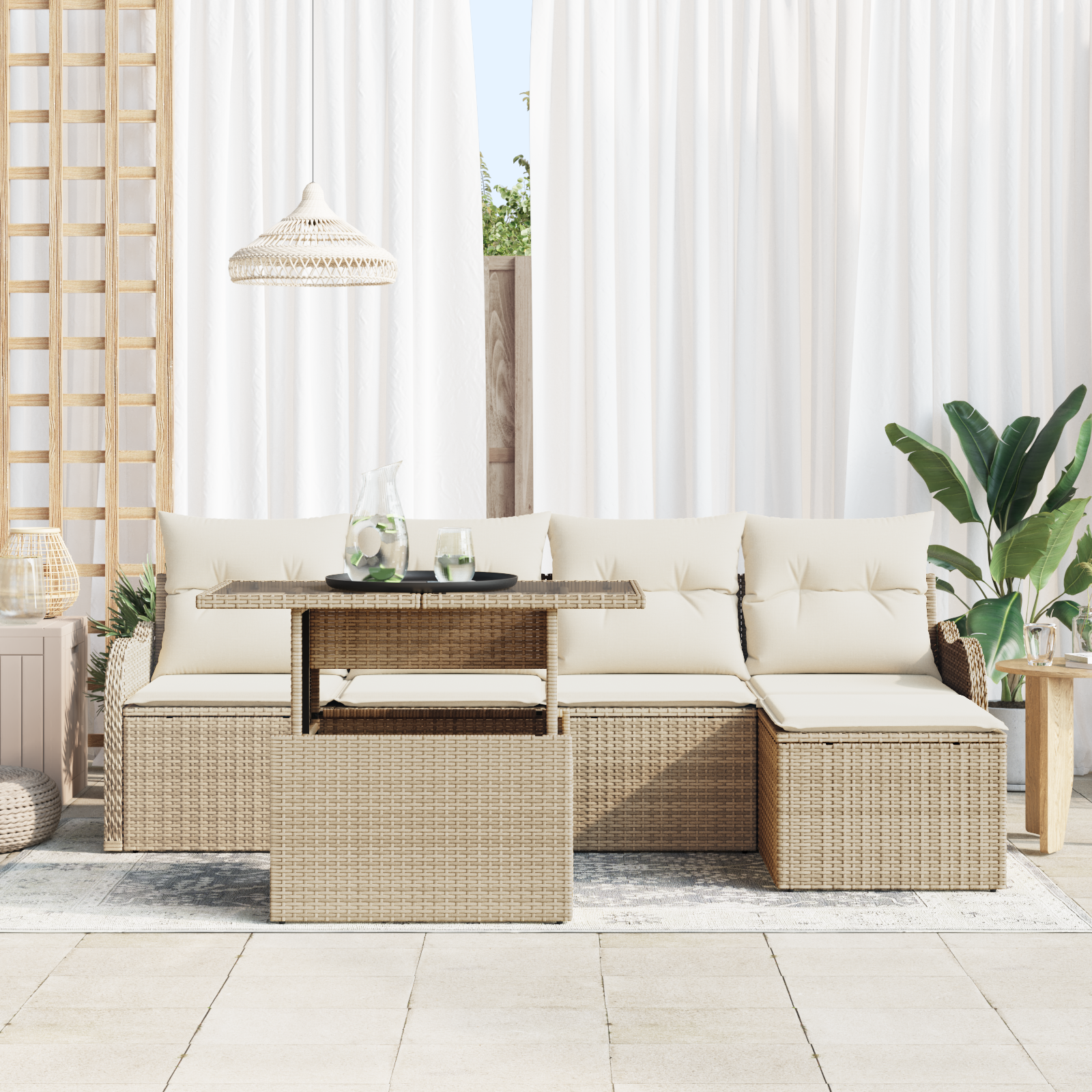 vidaXL 6-delige Tuinbankenset met kussens poly rattan beige