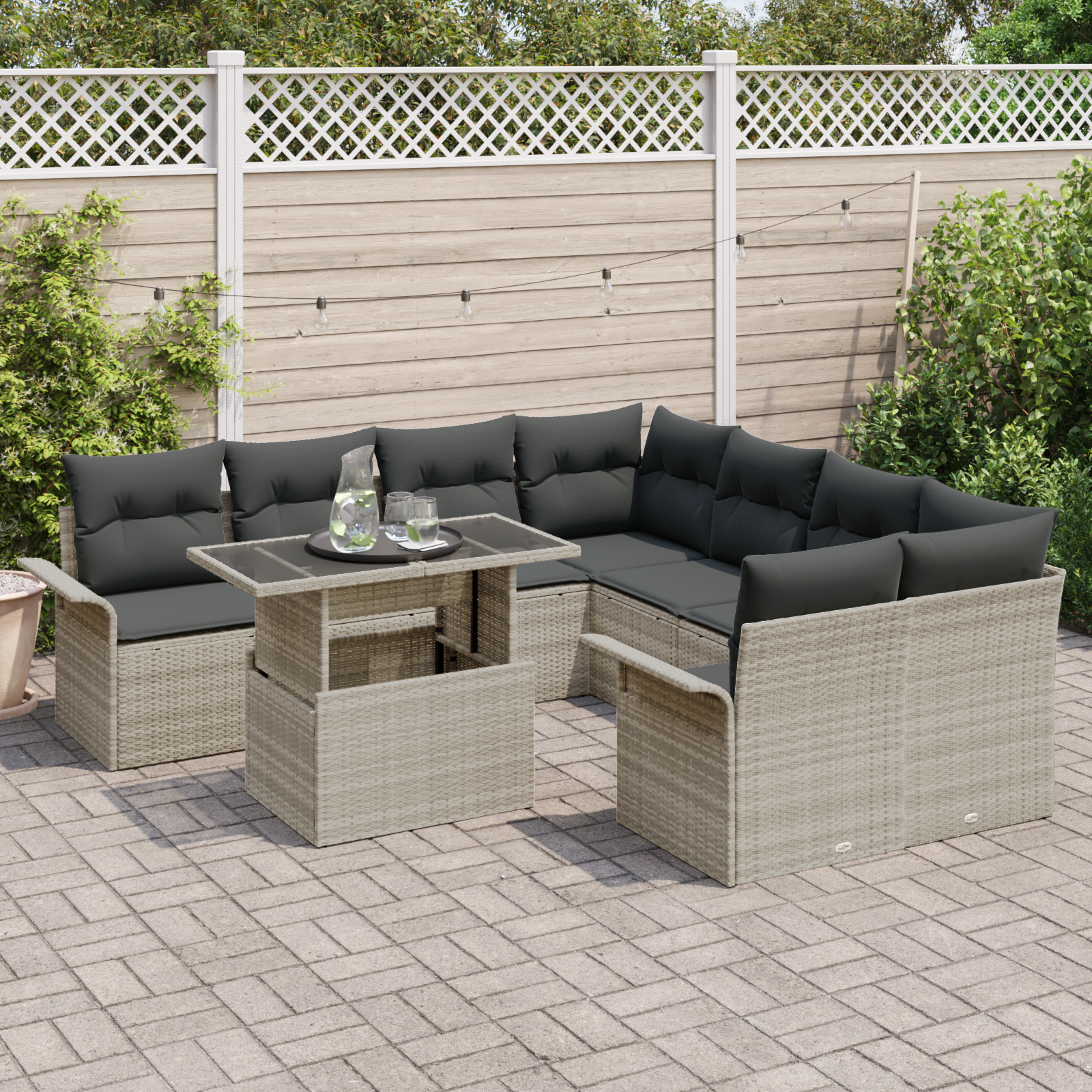vidaXL 9-delige tuinbankset met kussens lichtgrijs poly rattan