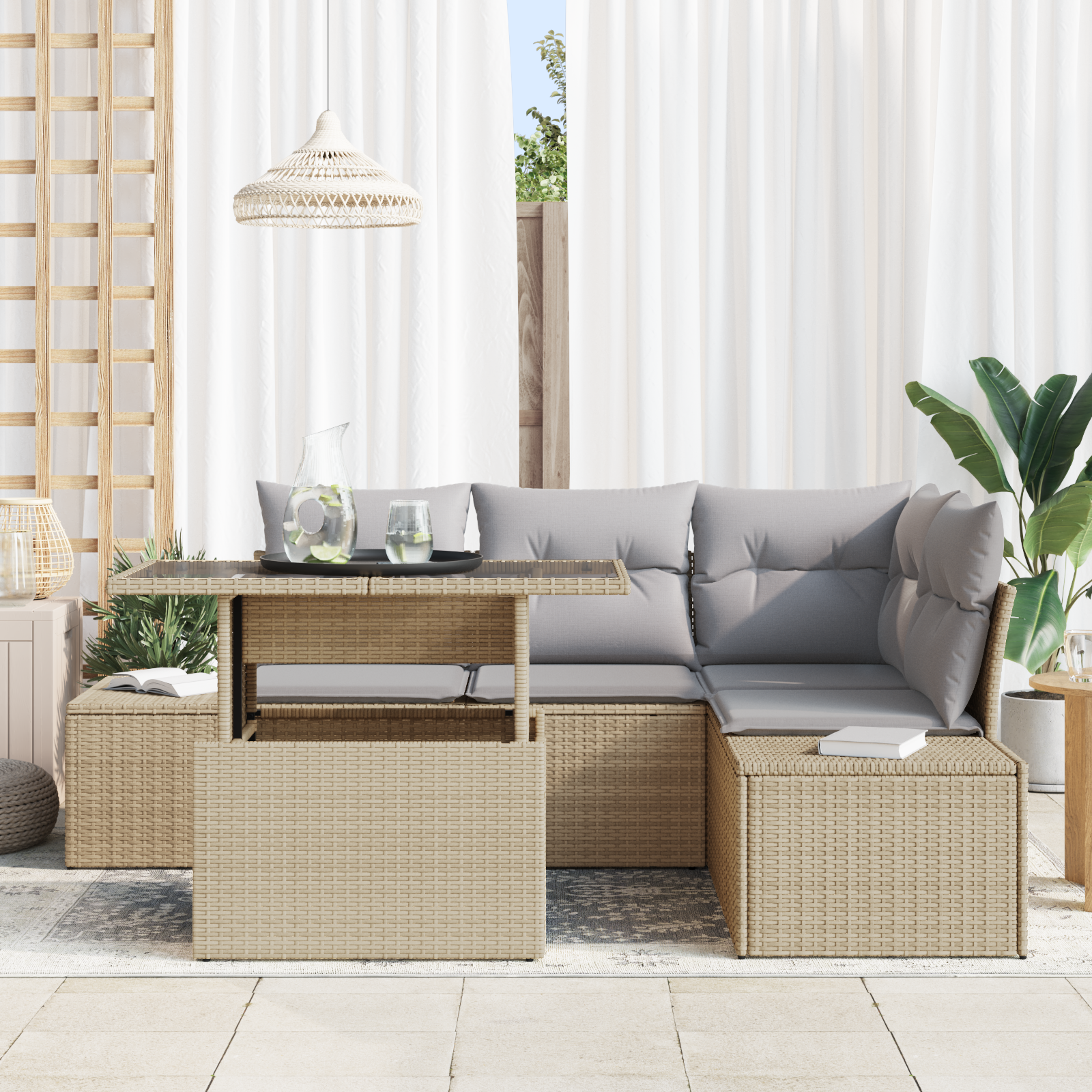 vidaXL 5-delige tuinbankset met kussens in beige poly rattan