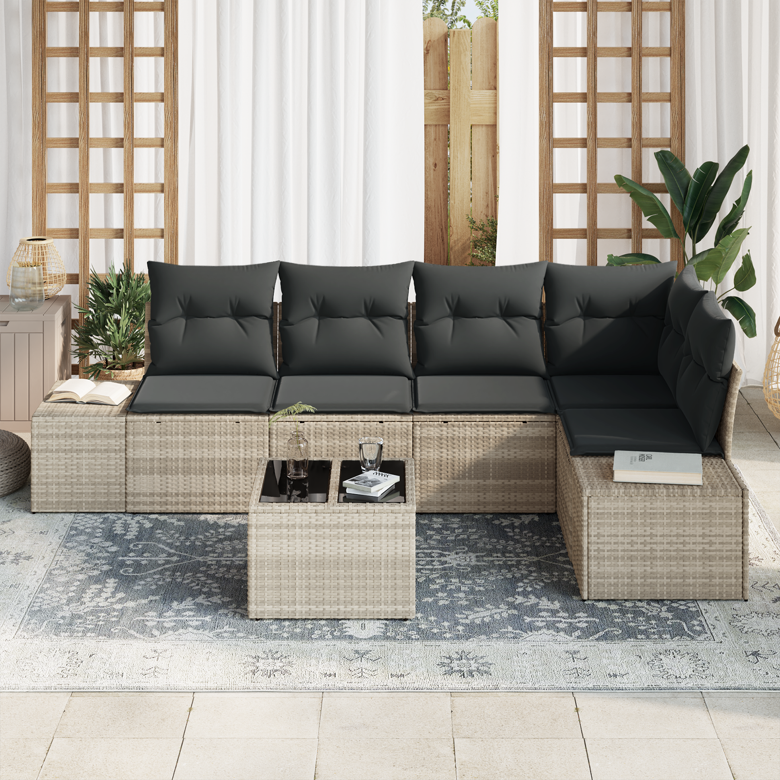 vidaXL 6-delige Tuinbankenset met kussens poly rattan grijs