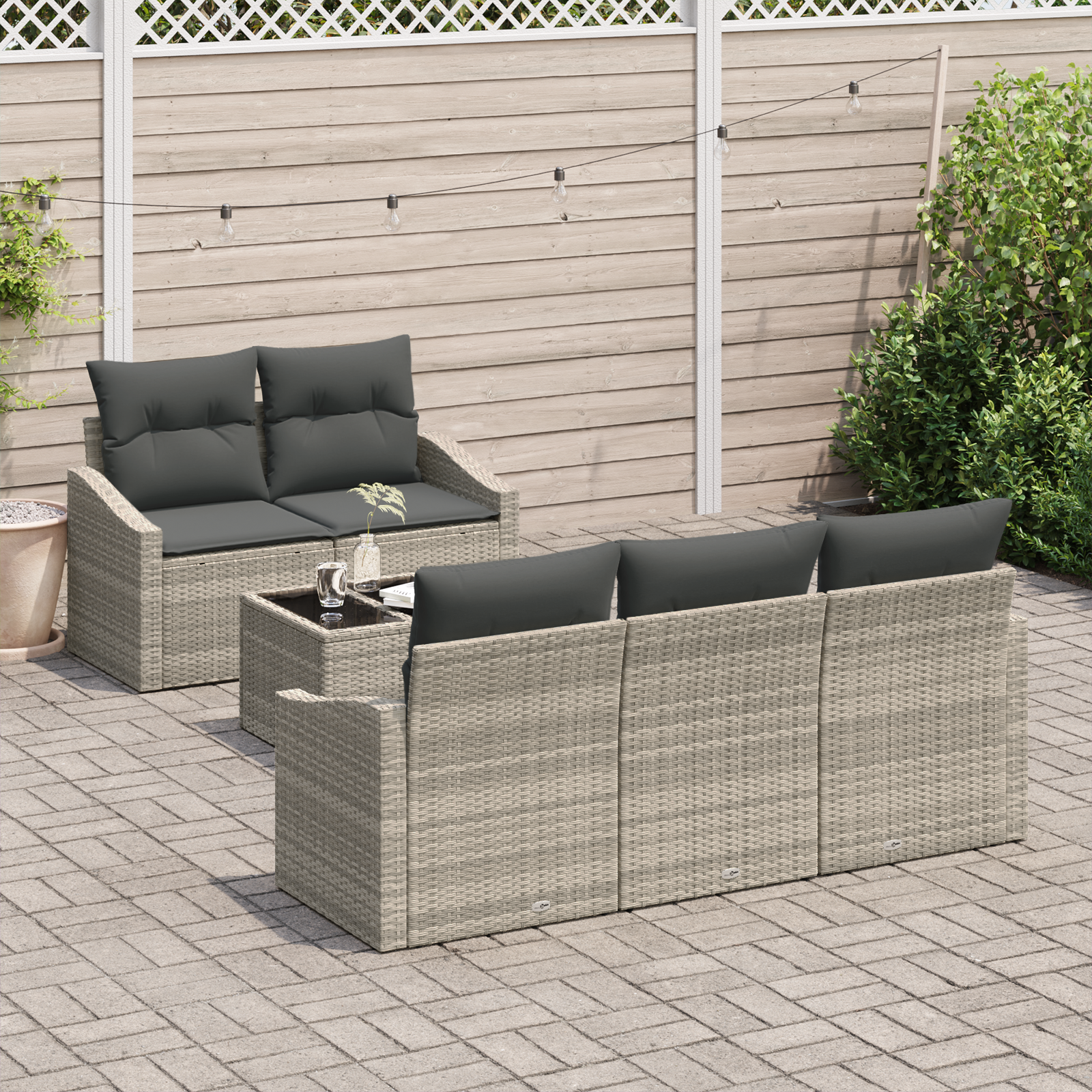 vidaXL 6-delige tuinbankset met kussens lichtgrijs rattan