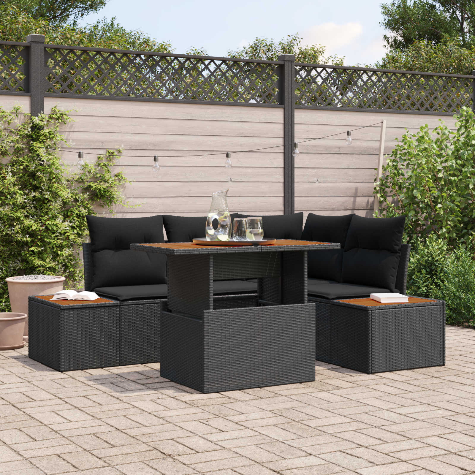 vidaXL 5-delige tuinset met kussens - zwart poly rattan en acacia