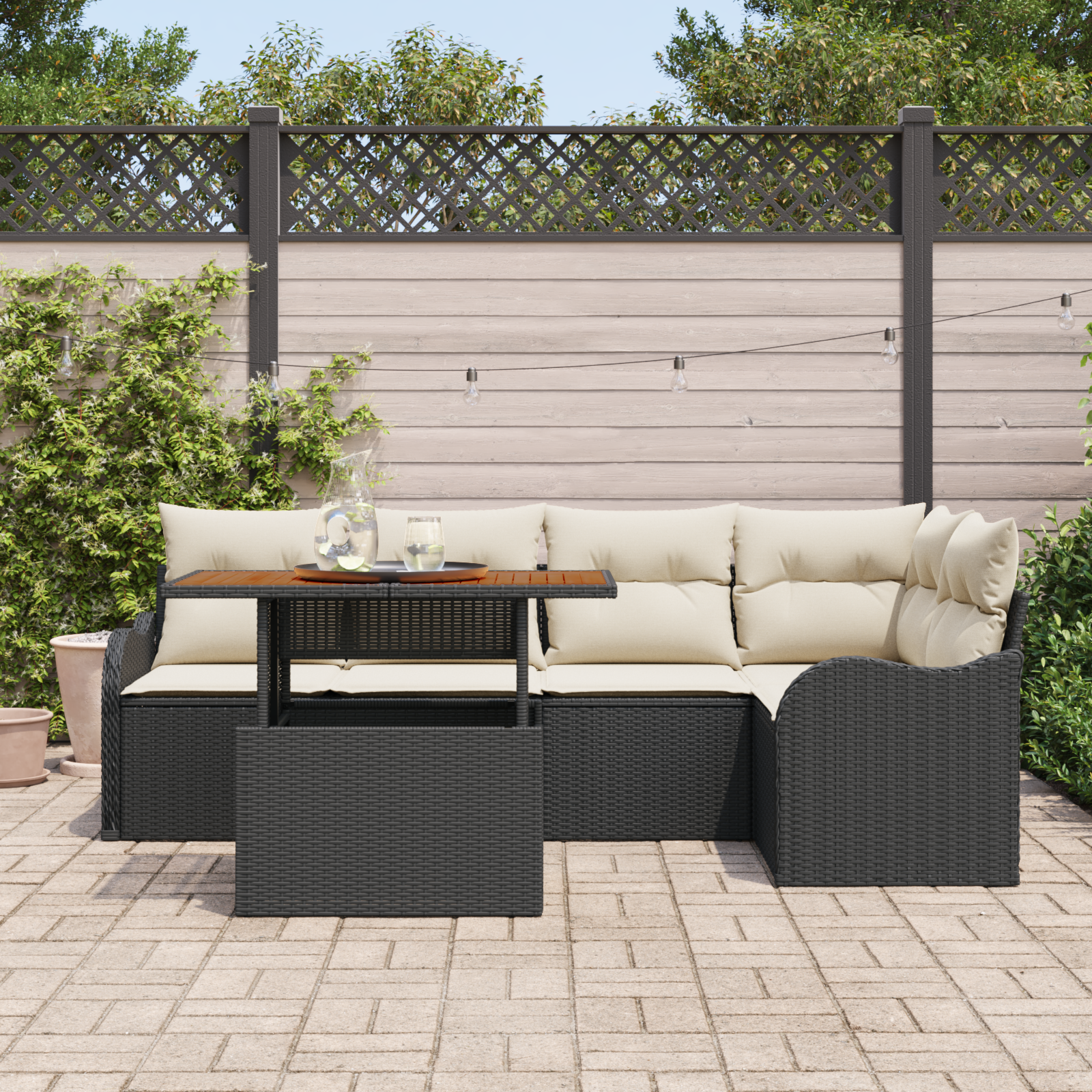 vidaXL 6-delige tuinsofa set met kussens in zwart poly rattan en acaciahout
