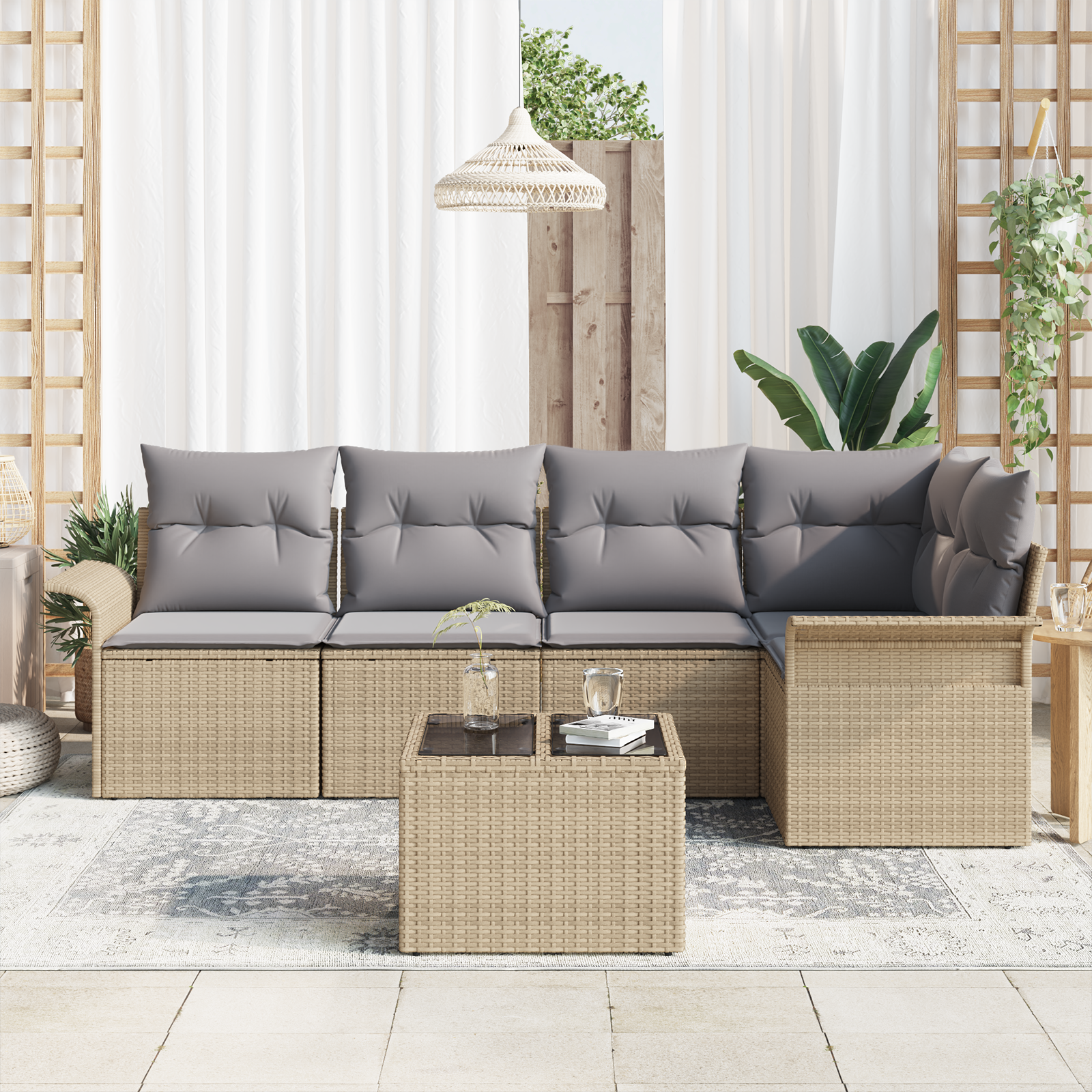 vidaXL 6-delige tuinset met kussens zwart poly riet