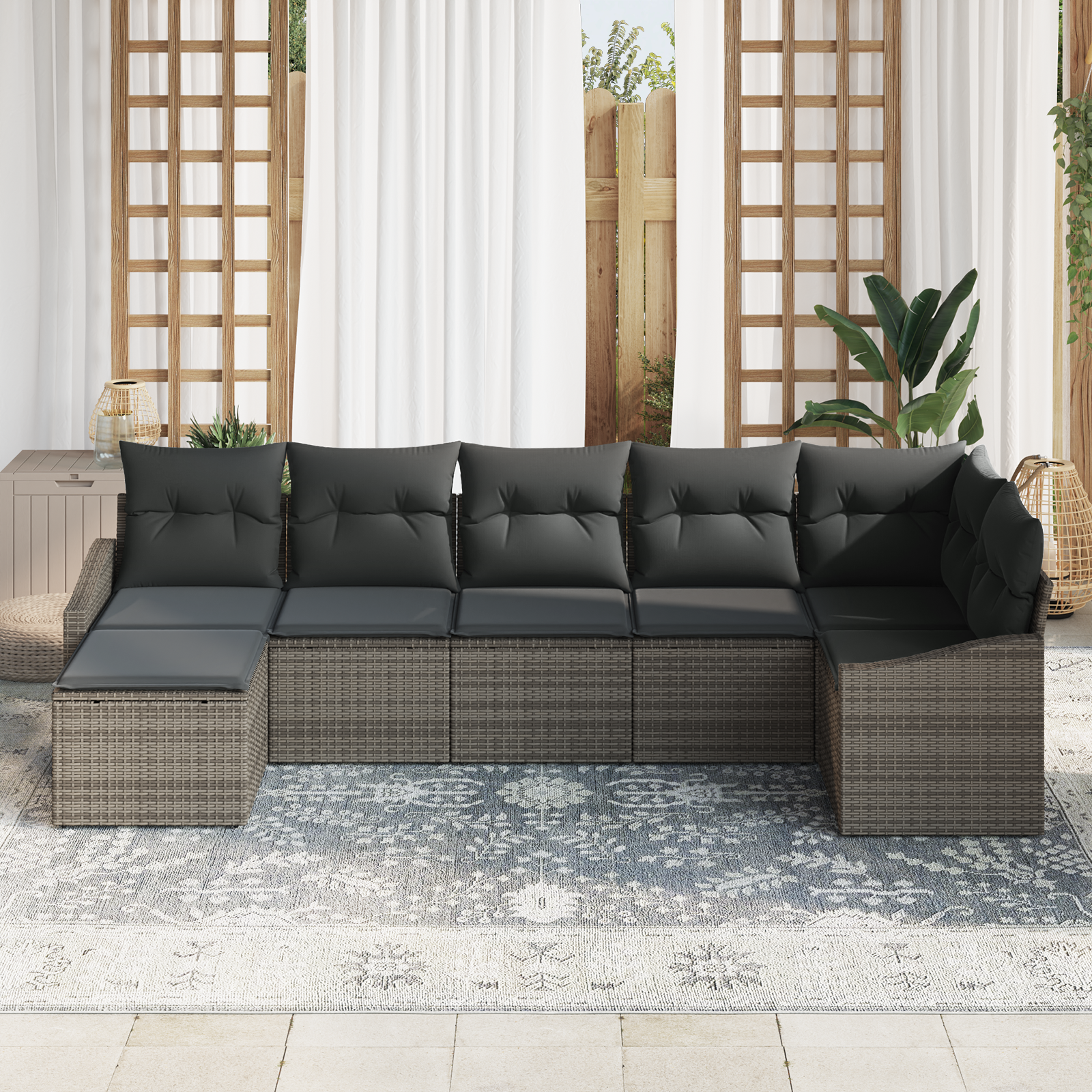 vidaXL 7-delige Tuinbankenset met kussens poly rattan grijs