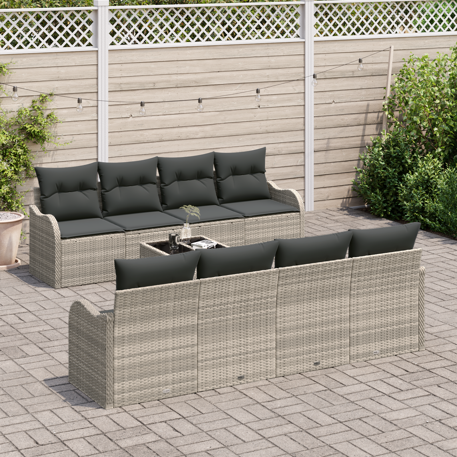 vidaXL 9-delige Tuinbankenset met kussens poly rattan lichtgrijs