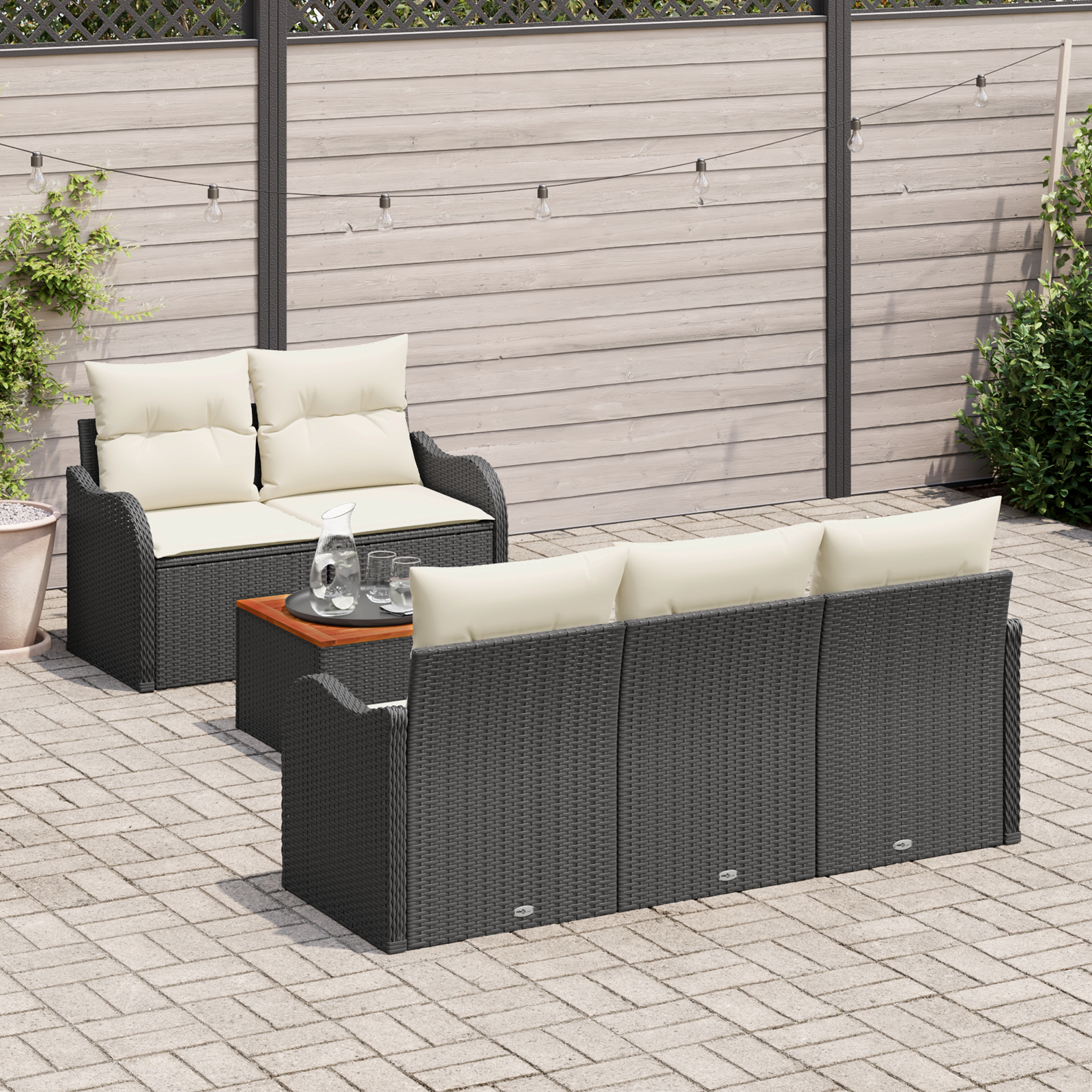 vidaXL 6-delige Tuinbankenset en kussens poly rattan acaciahout zwart