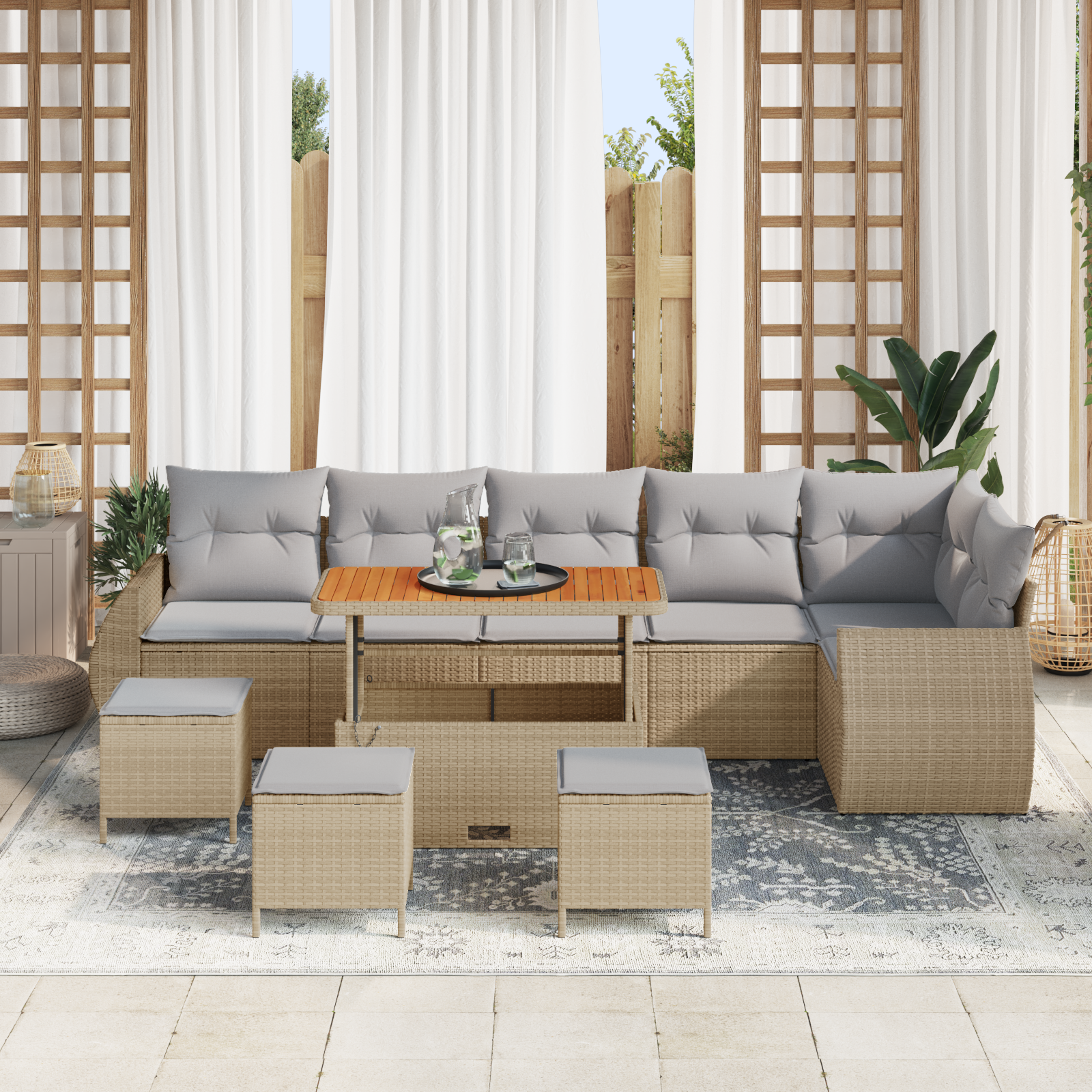 vidaXL 10-delige Tuinbankenset met kussens poly rattan acacia beige