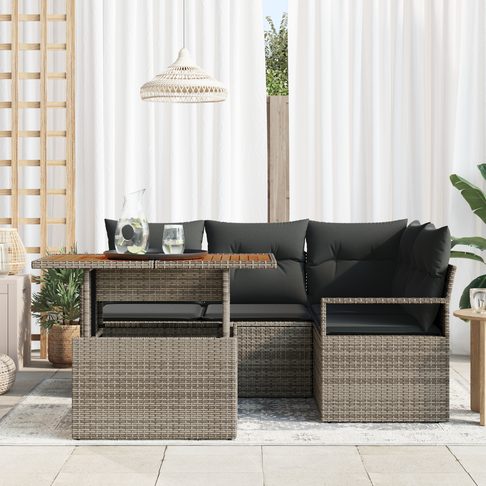 vidaXL 5-delige tuinbank set met kussens - Grijs poly riet
