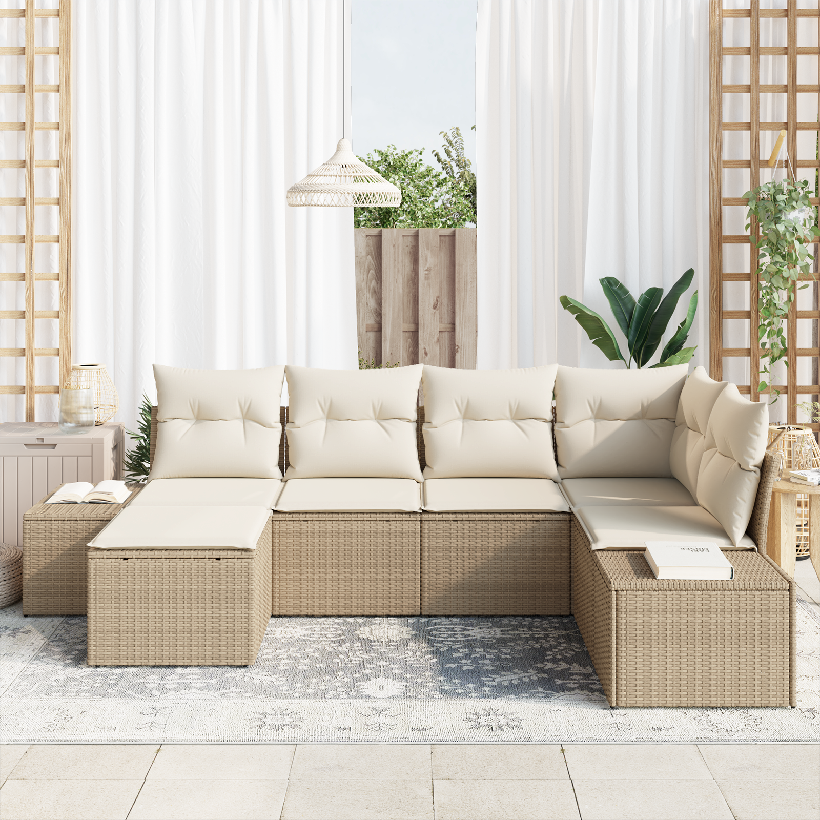 vidaXL 6-delige Tuinbankenset met kussens poly rattan beige