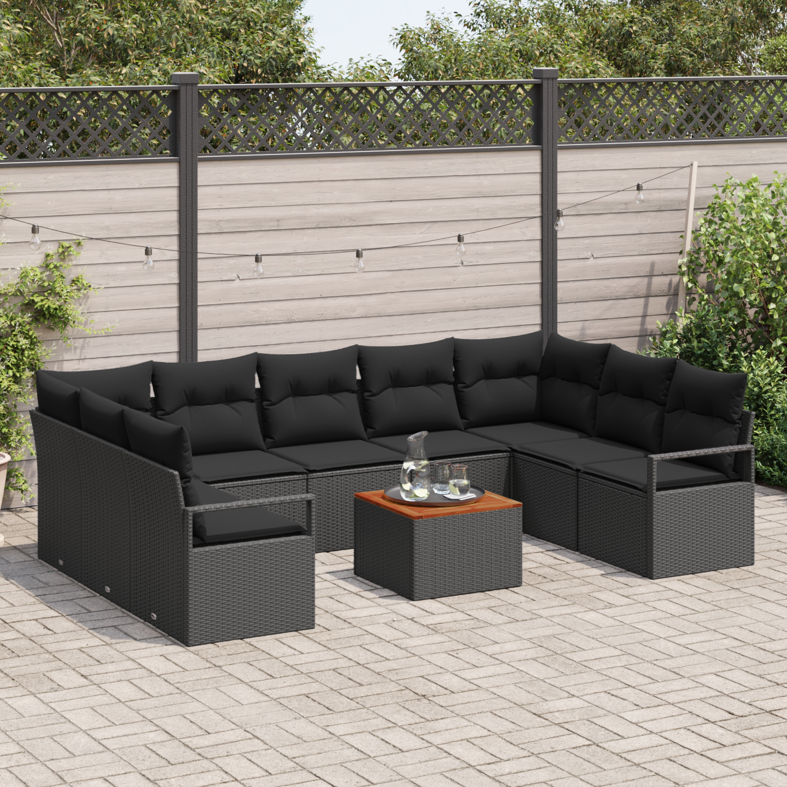 vidaXL 10-delige Tuin Sofa Set met Kussens Zwart Poly Rattan Acacia