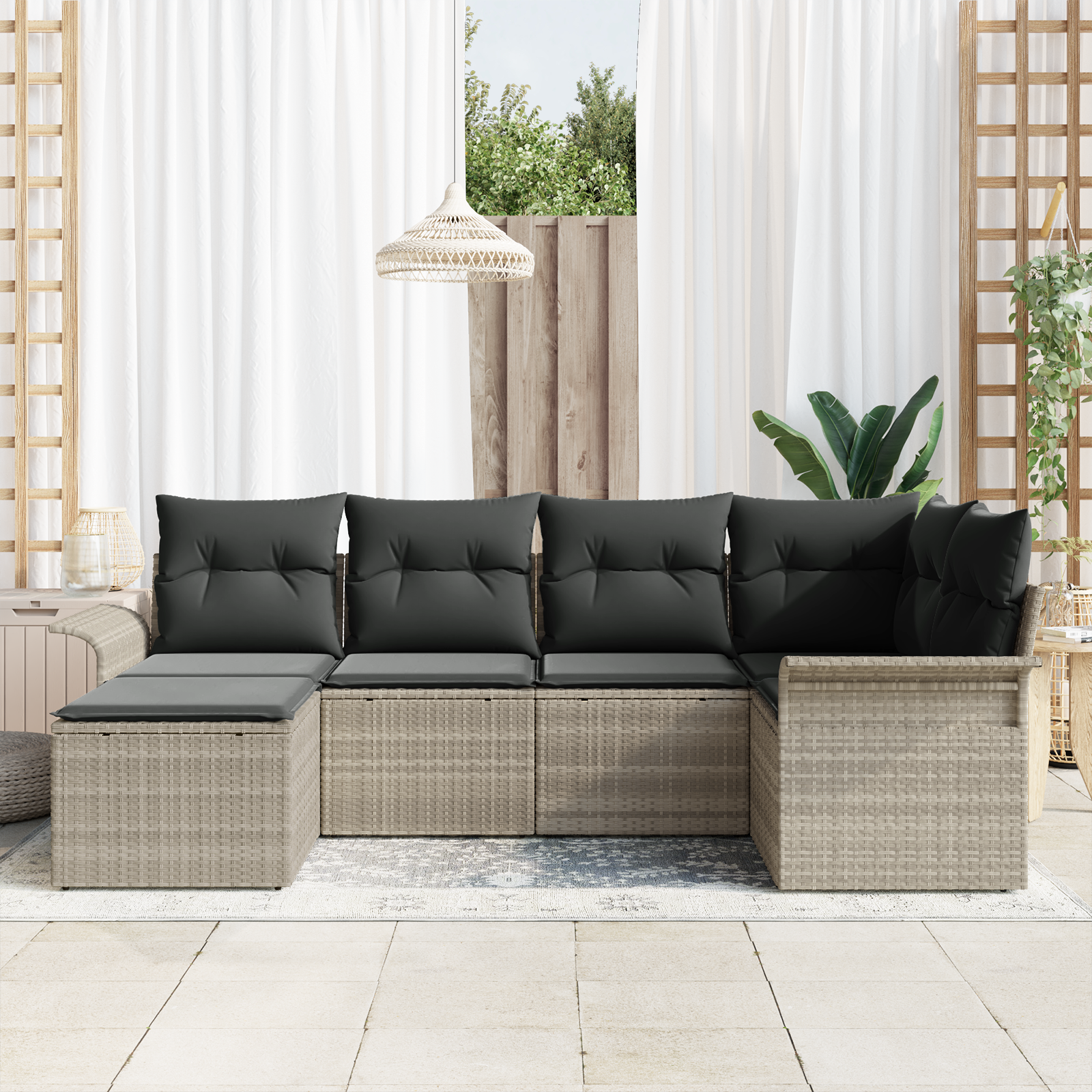 vidaXL 6-delige Tuinbankenset met kussens poly rattan lichtgrijs