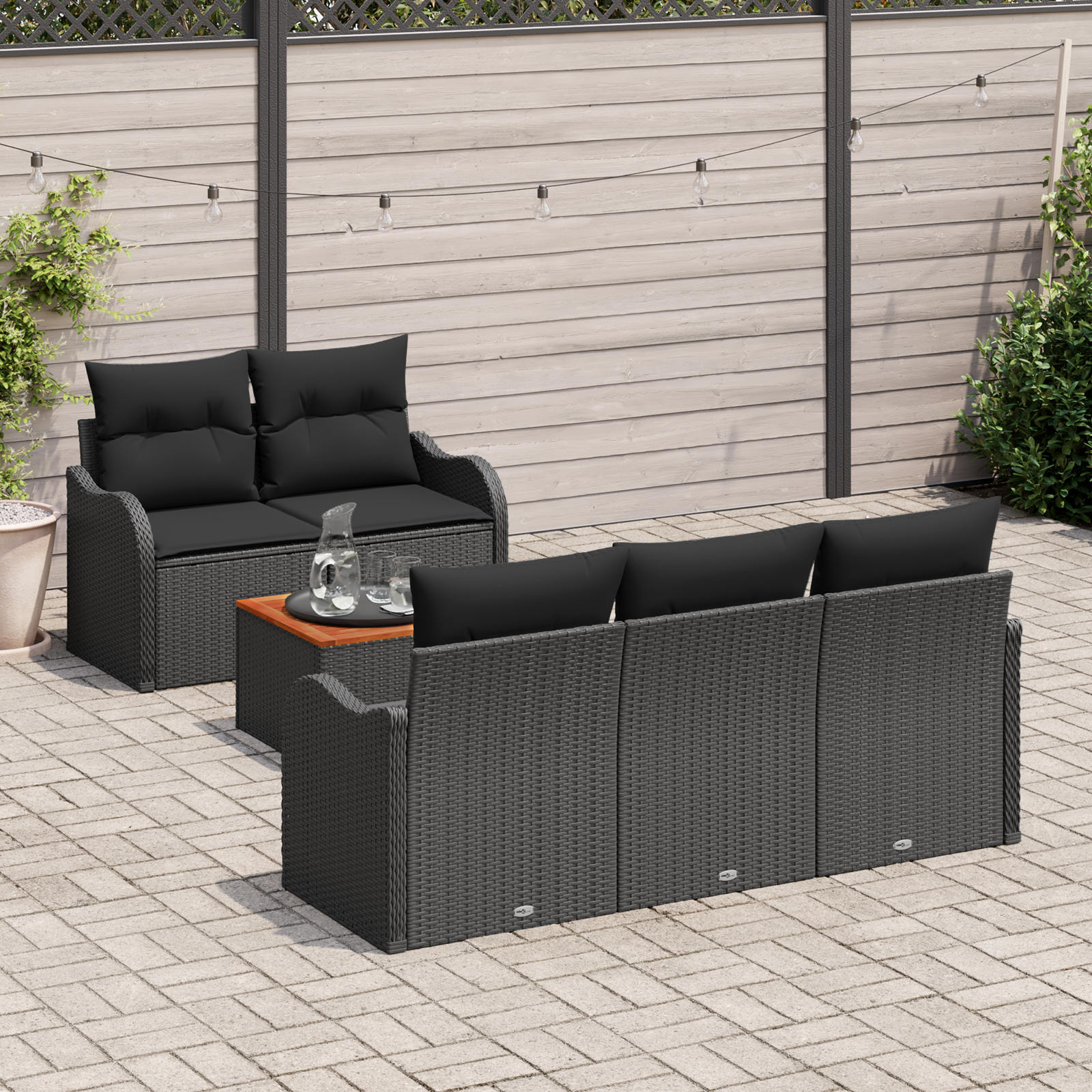 vidaXL 6-delige Tuinbankenset en kussens poly rattan acaciahout zwart