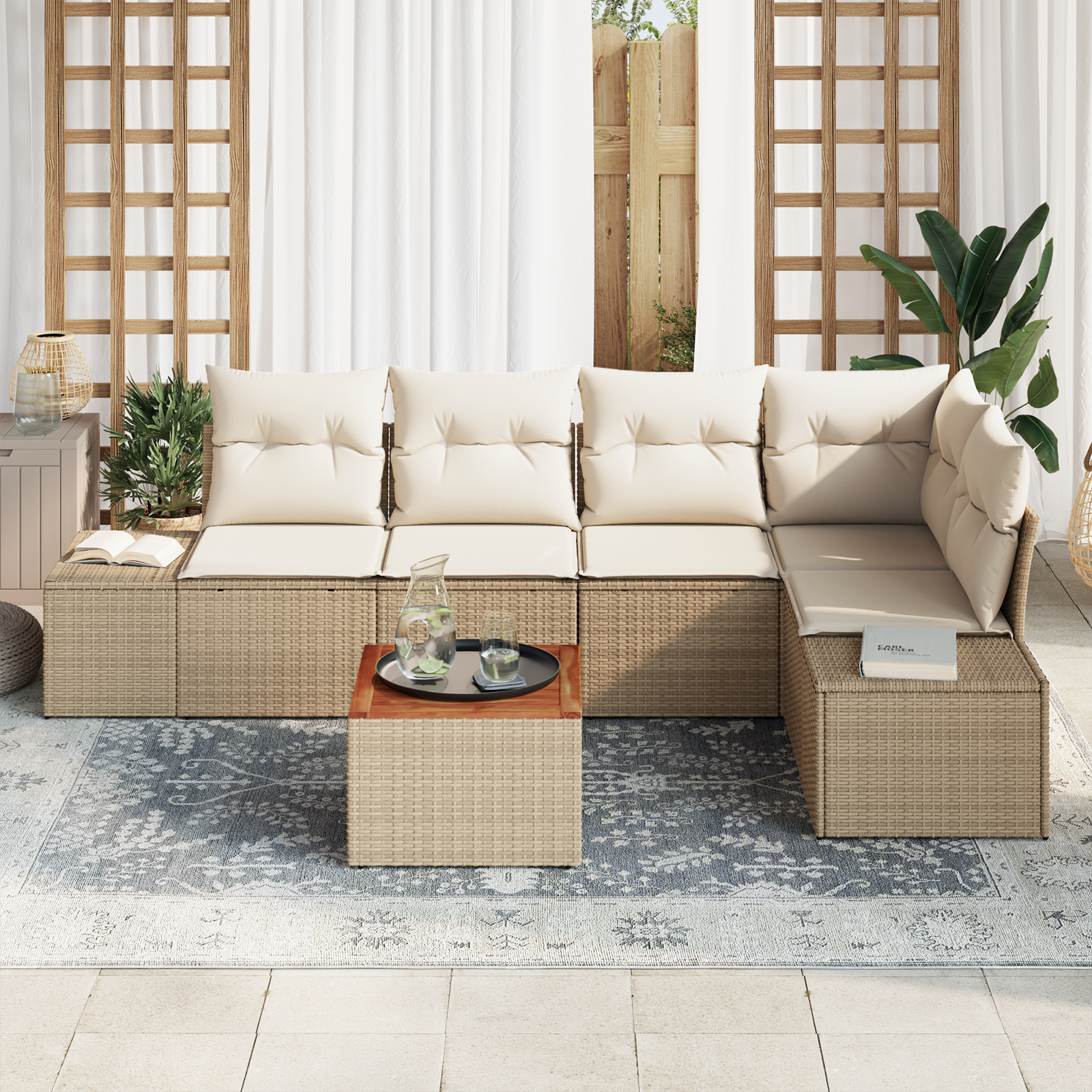 vidaXL 6-delige Tuinbankenset met kussens poly rattan acaciahout beige
