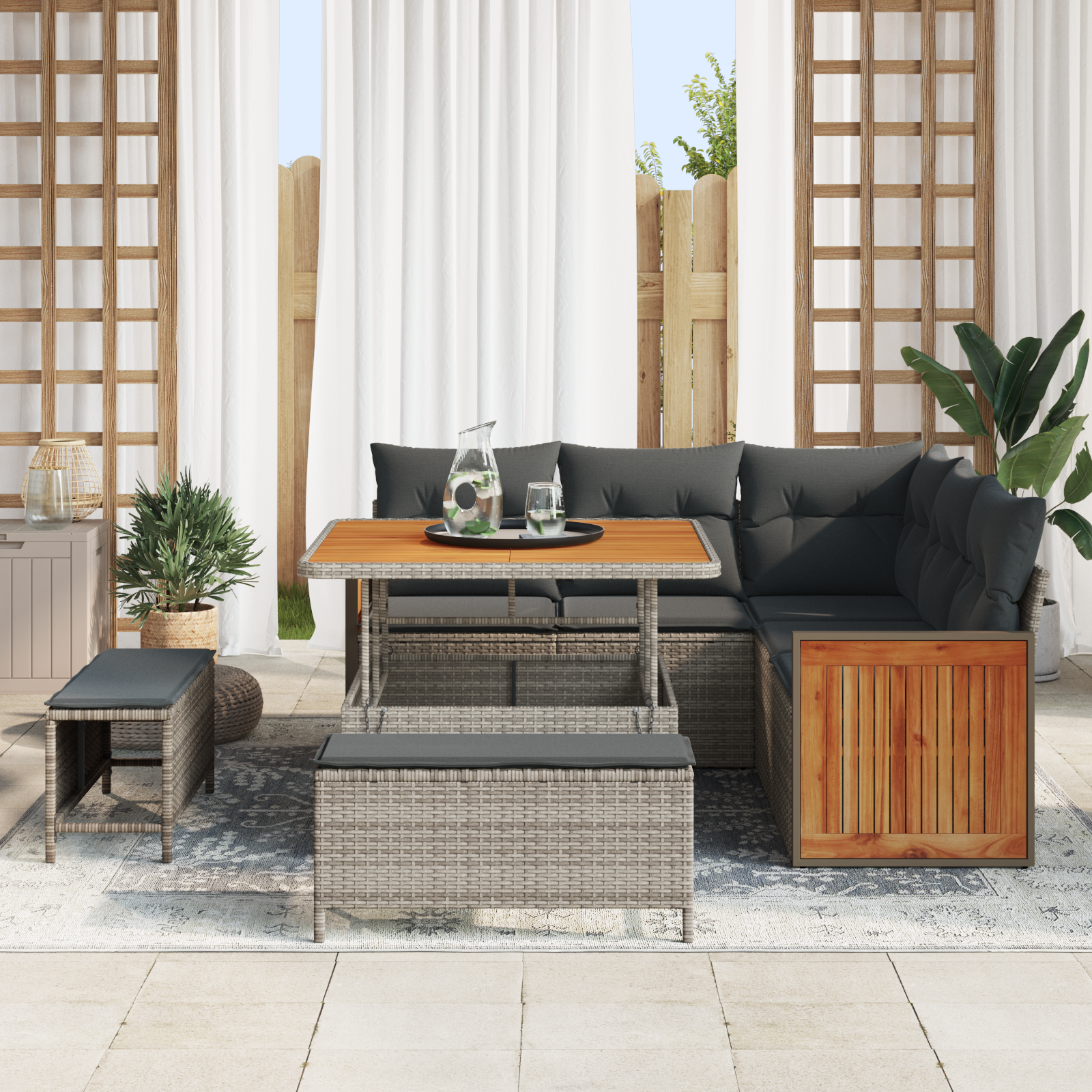 vidaXL 8-delige Tuinbankenset met kussens poly rattan acacia grijs