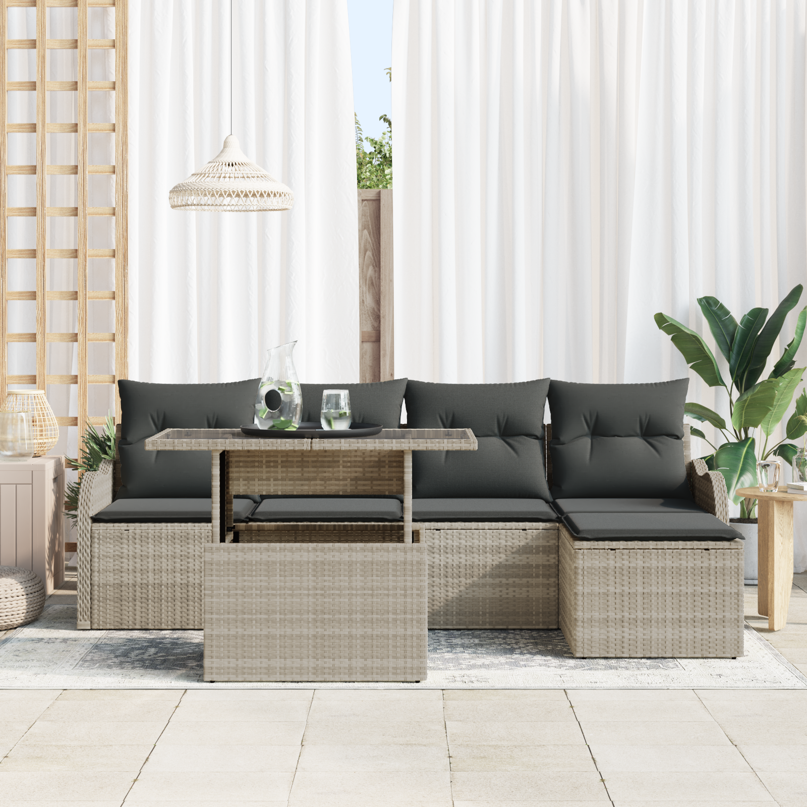 vidaXL 6-delige Tuinbankenset met kussens poly rattan lichtgrijs