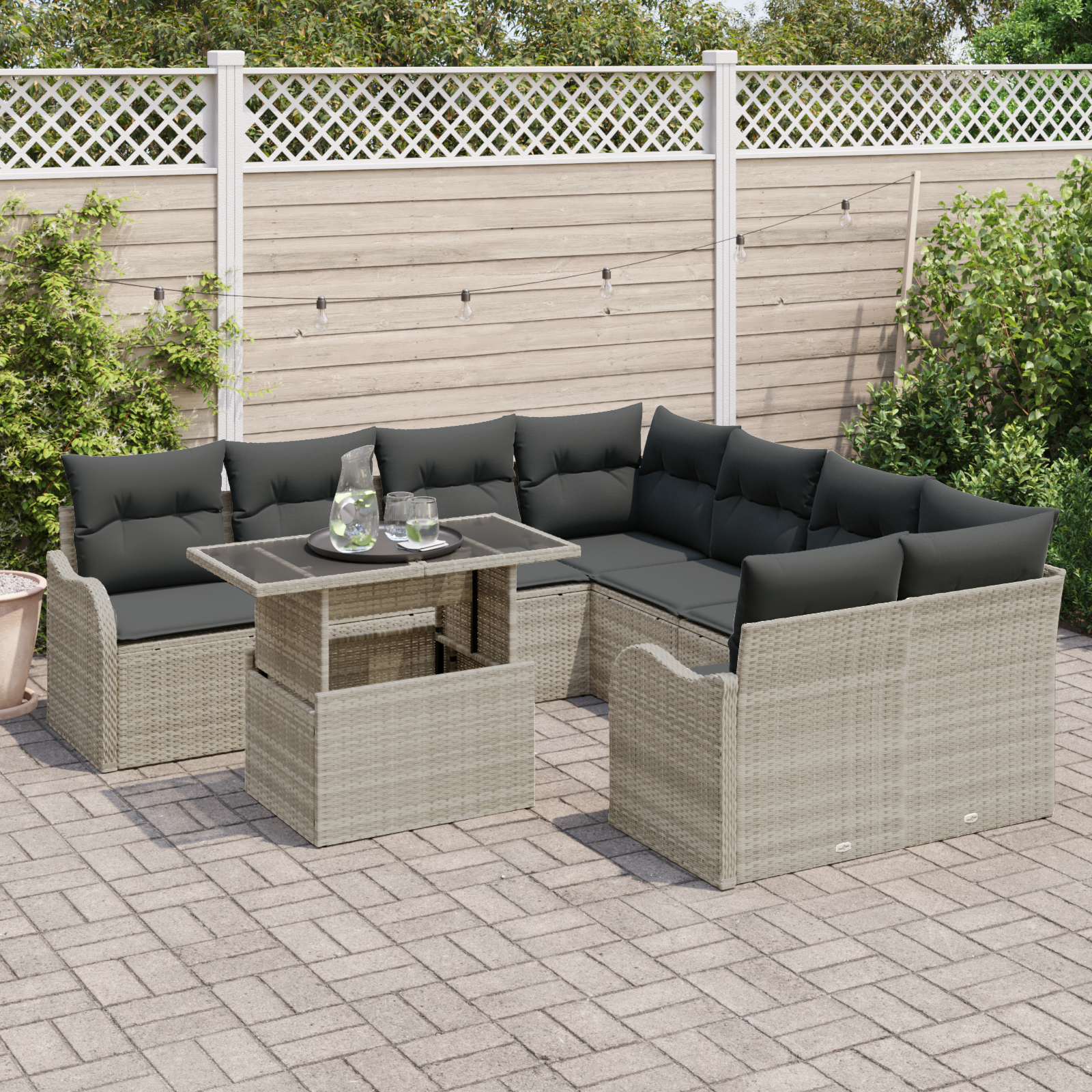 vidaXL 9-delige Tuinbankenset met kussens poly rattan lichtgrijs