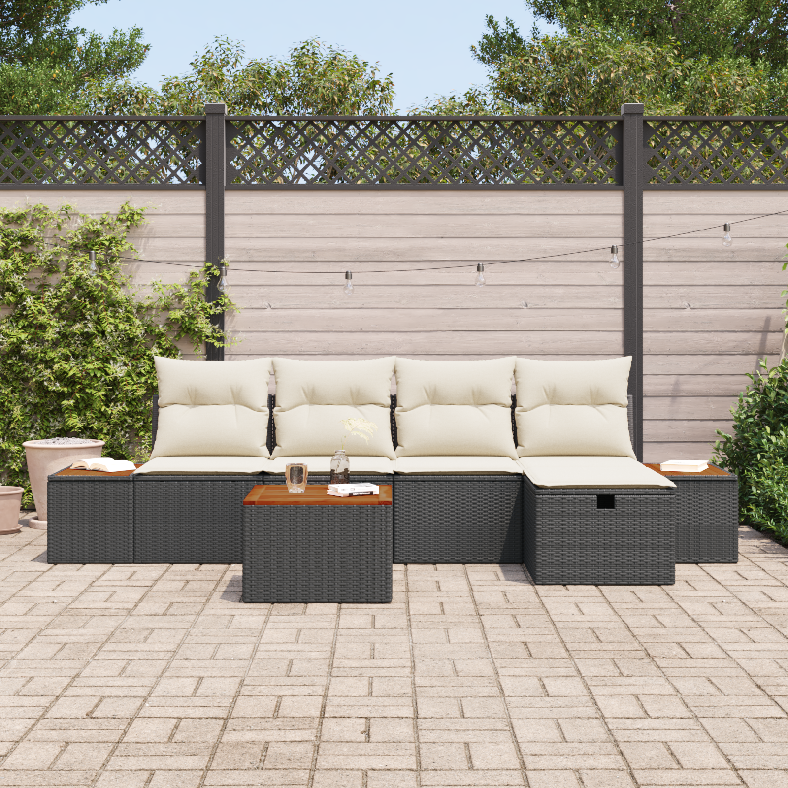 vidaXL 6-delige tuinbankset met kussens zwart poly rattan