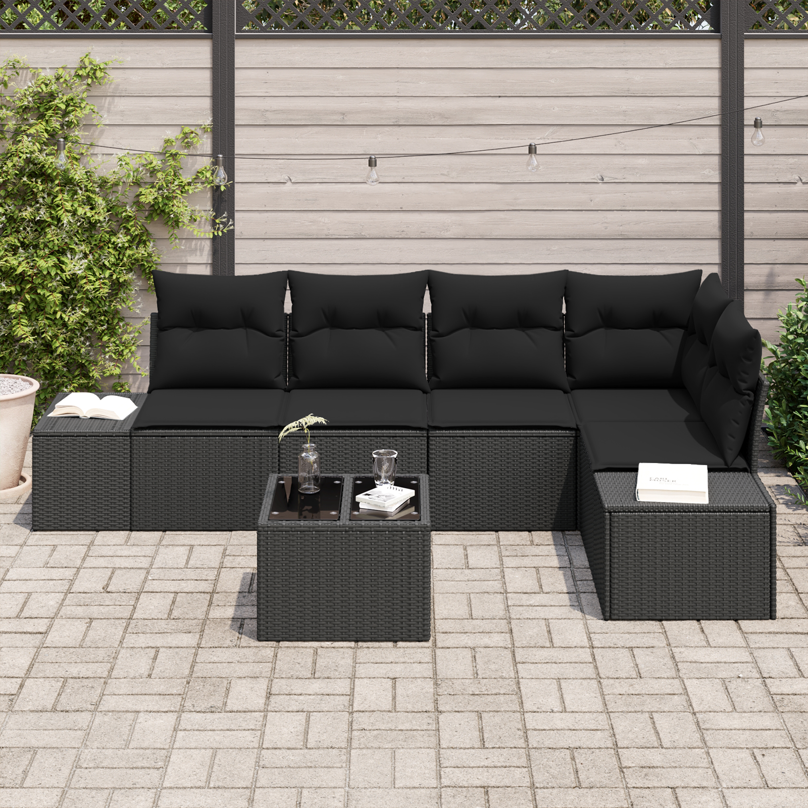 vidaXL 6-delige tuinbankset met kussens in beige poly rattan