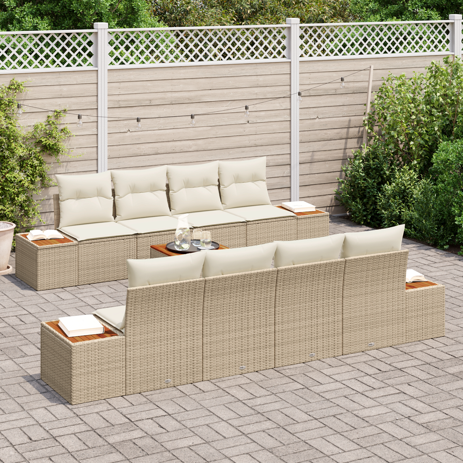 vidaXL 9-delige tuinset met kussens in beige van poly rattan en acacia