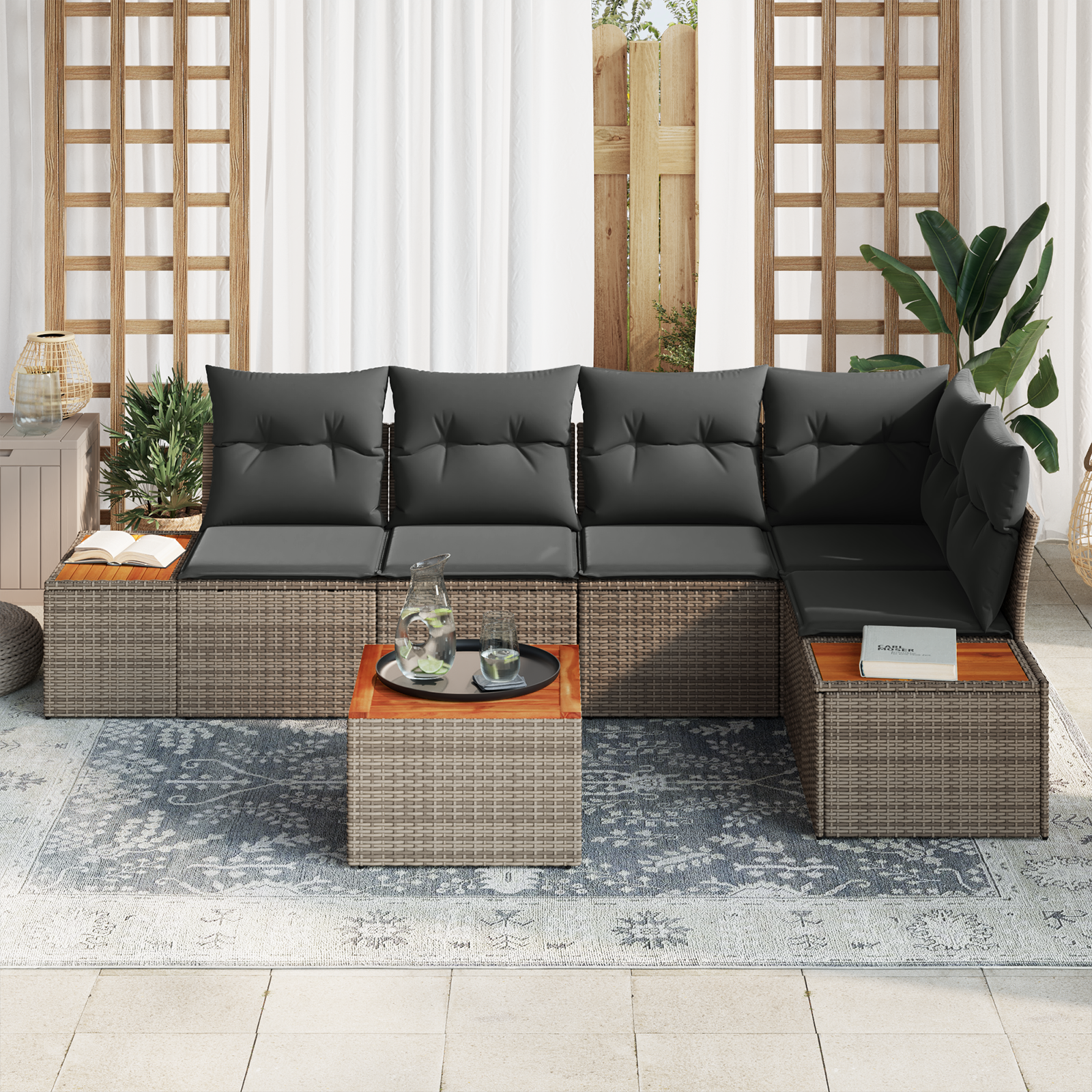 vidaXL 6-deligeTuinbankenset met kussens poly rattan acacia grijs