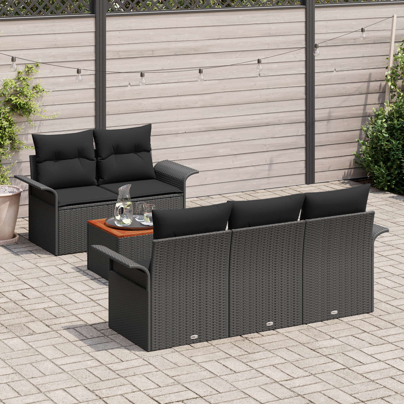 vidaXL 6-delige Tuinbankenset met kussens poly rattan acaciahout zwart