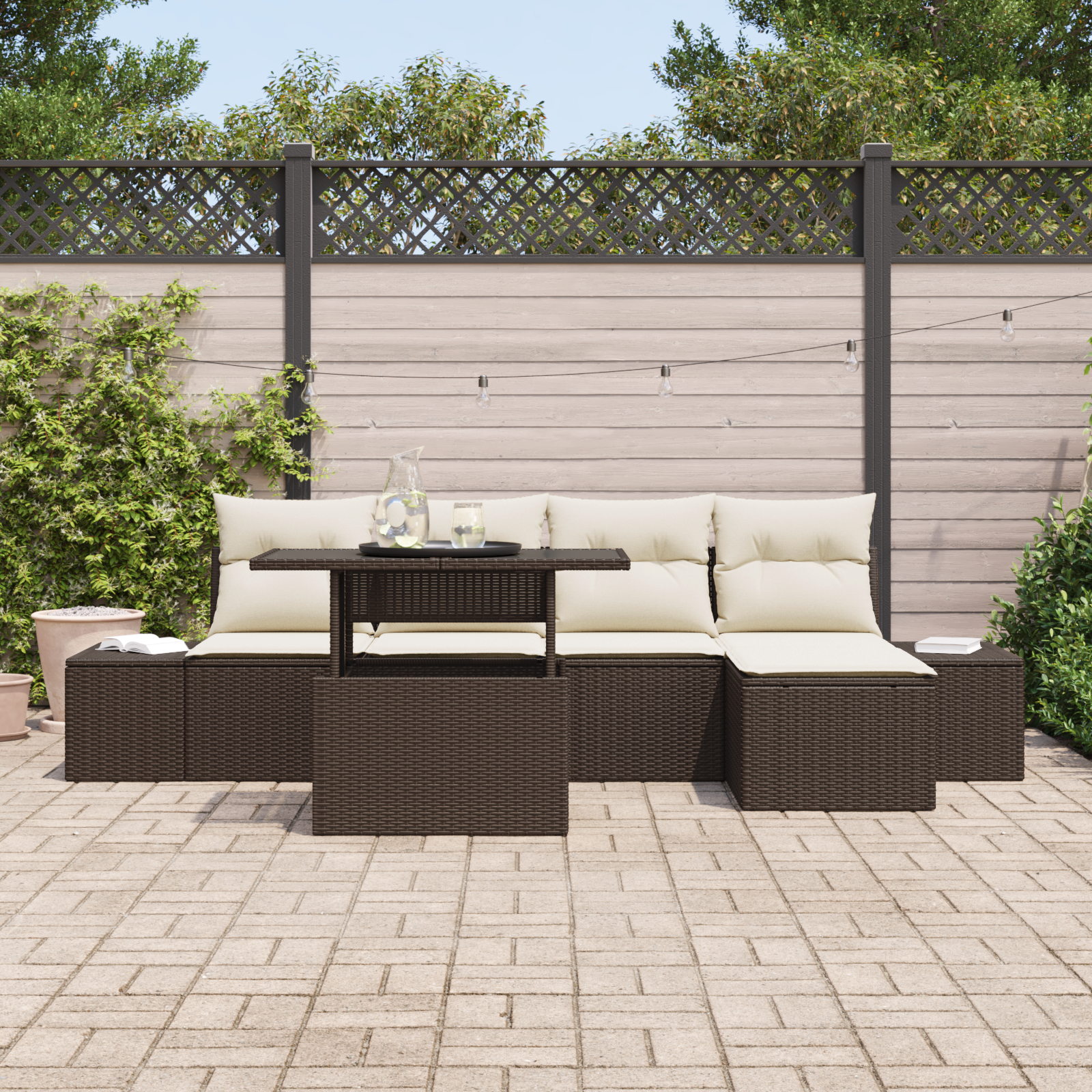 vidaXL 6-delige Tuinbankenset met kussens poly rattan bruin