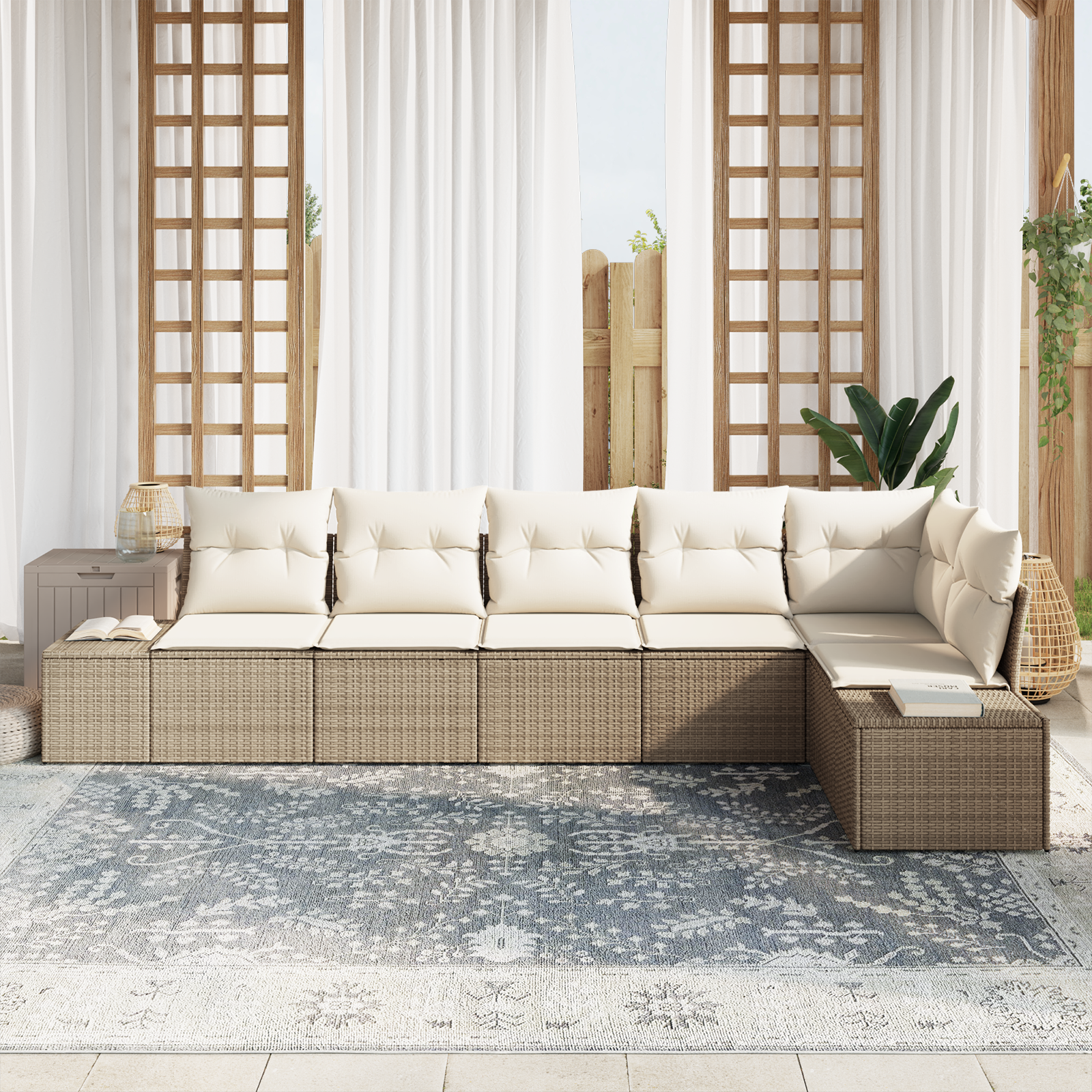 vidaXL 6-delige tuinbankset met kussens in beige poly rattan