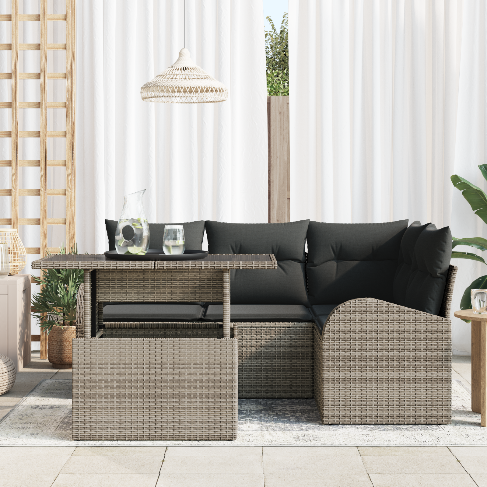 vidaXL 5-delige Tuinbankenset met kussens poly rattan grijs