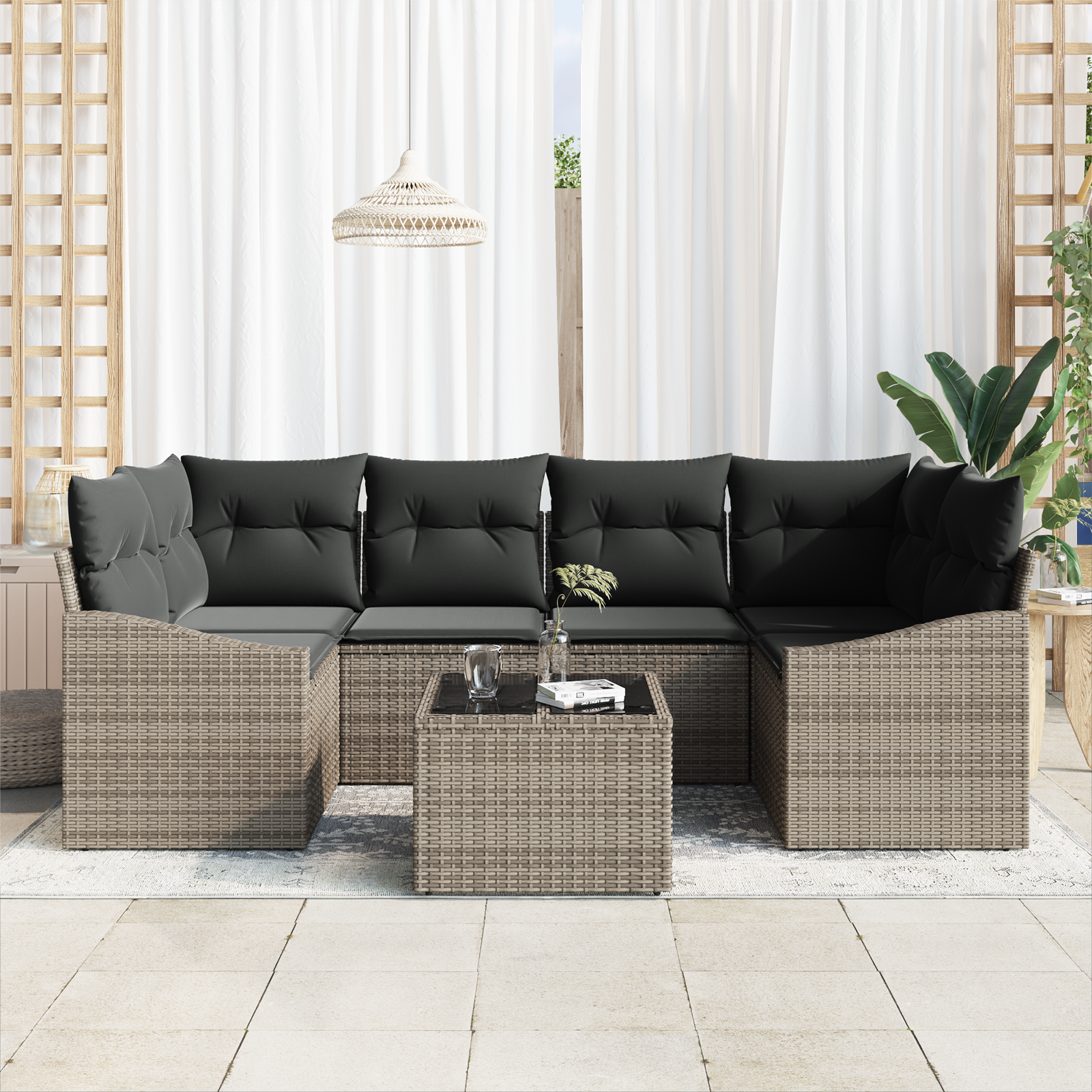 vidaXL 7-delige Tuinbankenset met kussens poly rattan grijs