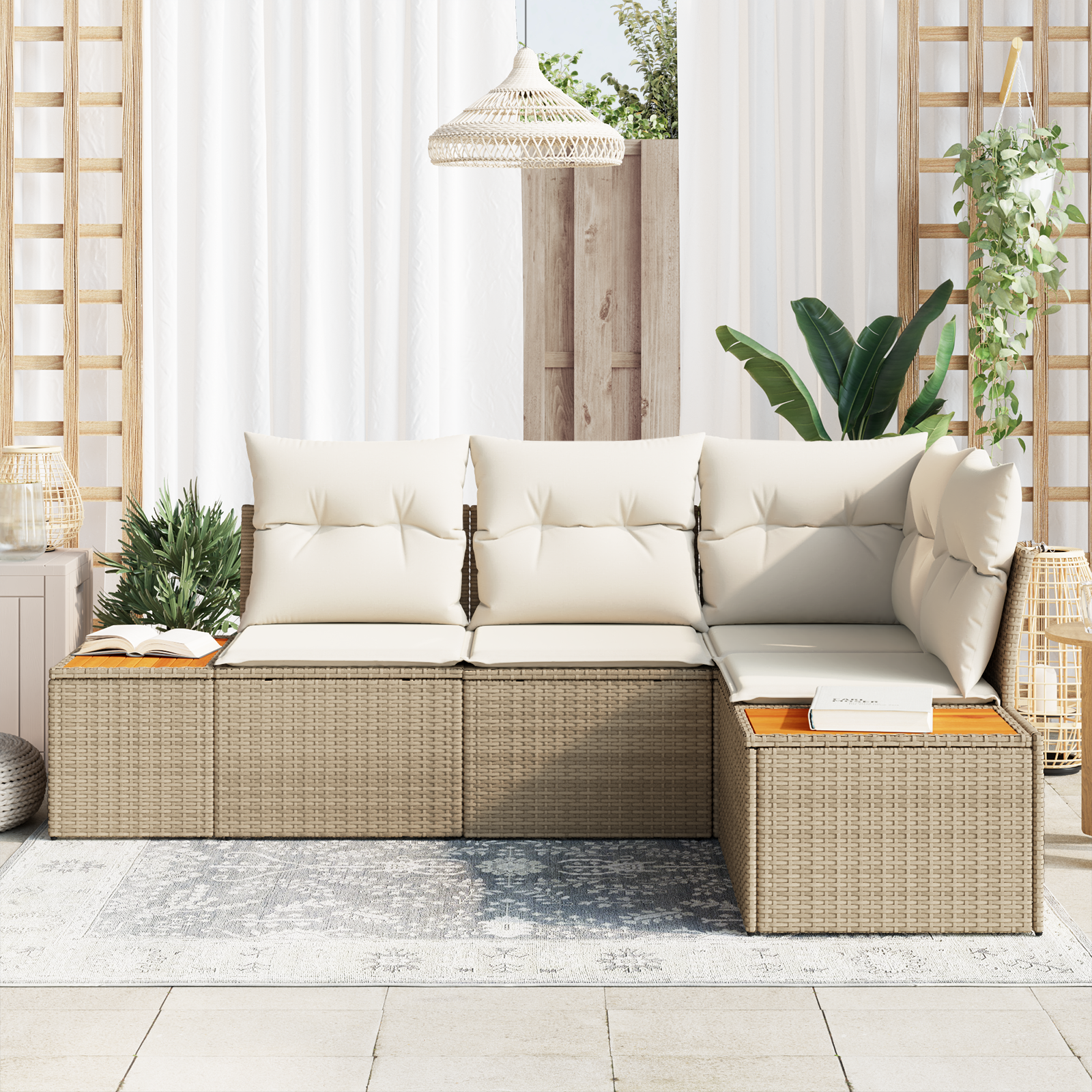 vidaXL 4-delige Tuinbankenset met kussens poly rattan acacia beige