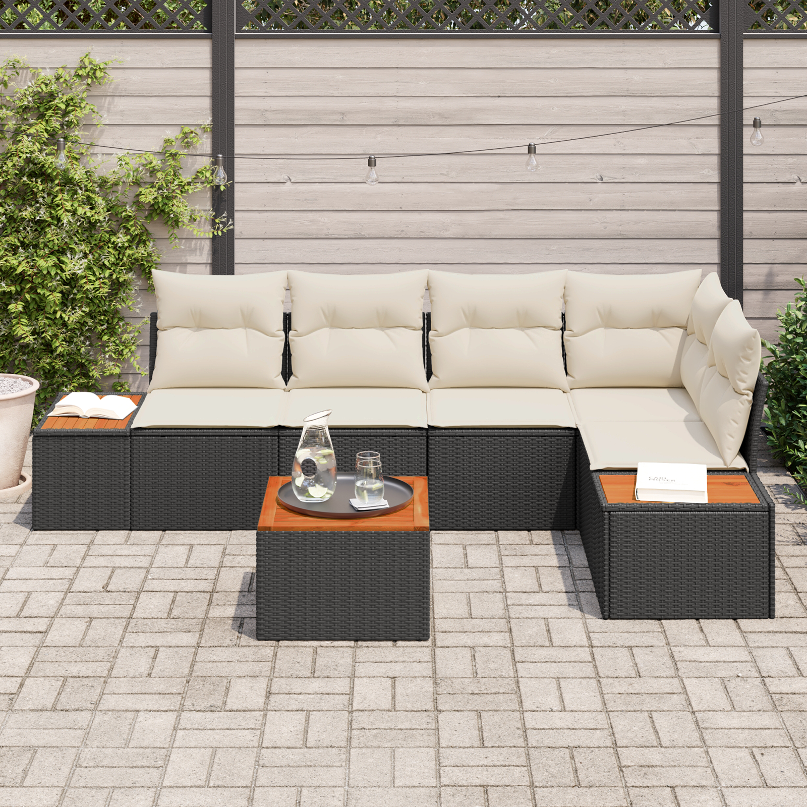 vidaXL 6-delige Tuinbankenset met kussens poly rattan acacia zwart