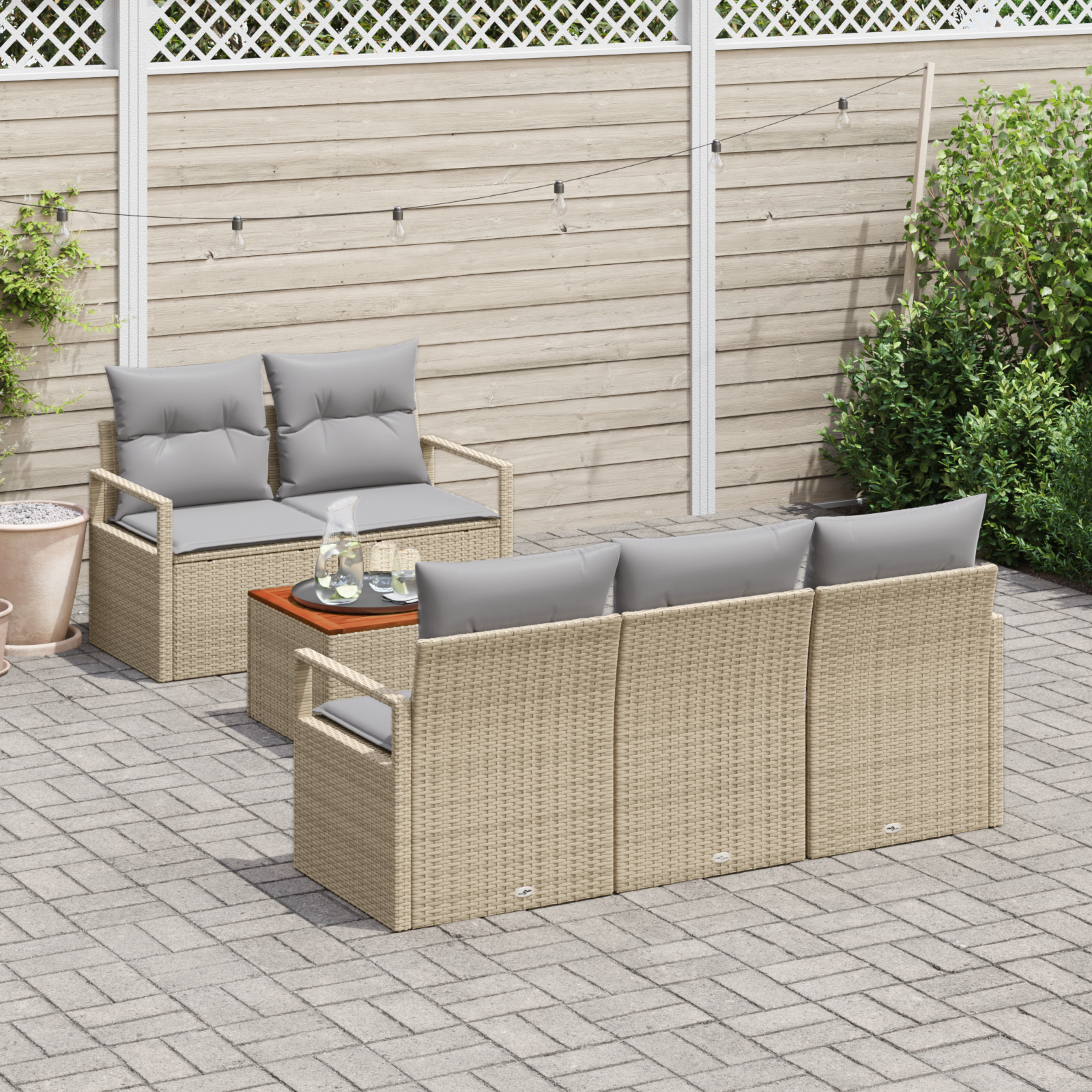 vidaXL 6-delige tuinset met kussens in beige van poly rattan en acacia