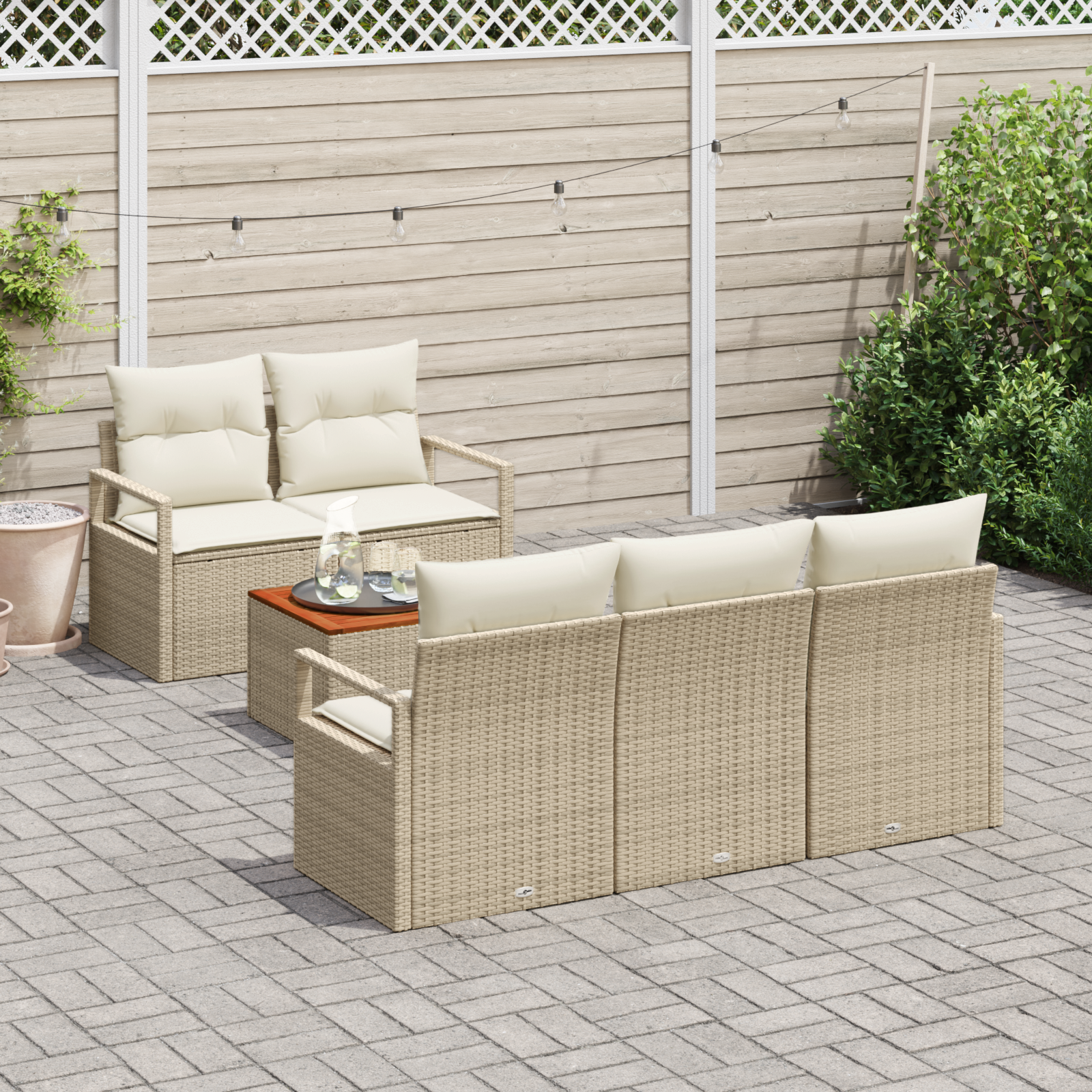 vidaXL 6-delige tuinset met kussens in beige van poly rattan en acacia