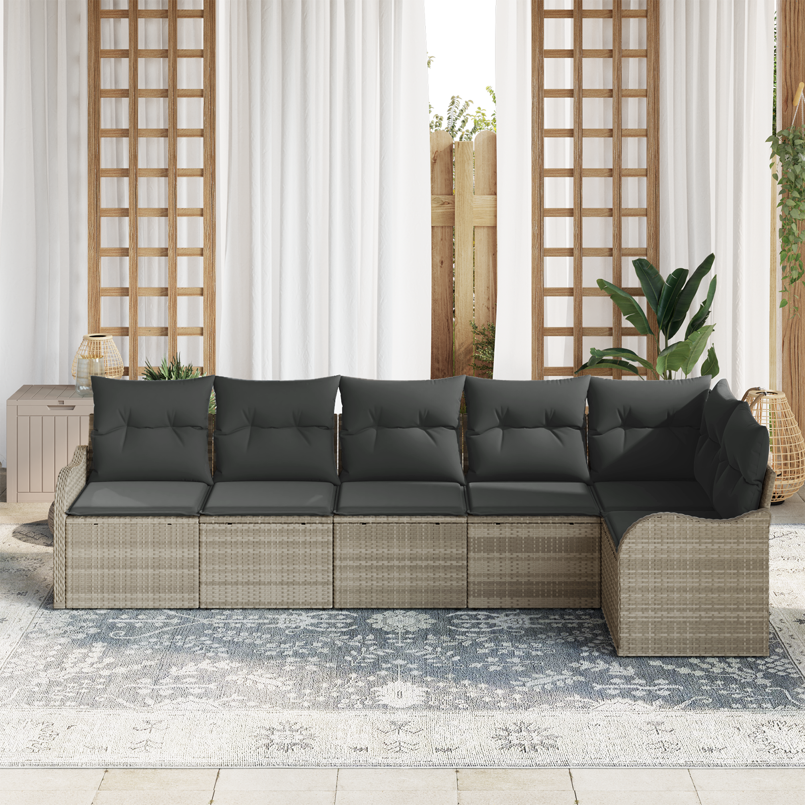 vidaXL 6-delige Tuinbankenset met kussens poly rattan lichtgrijs