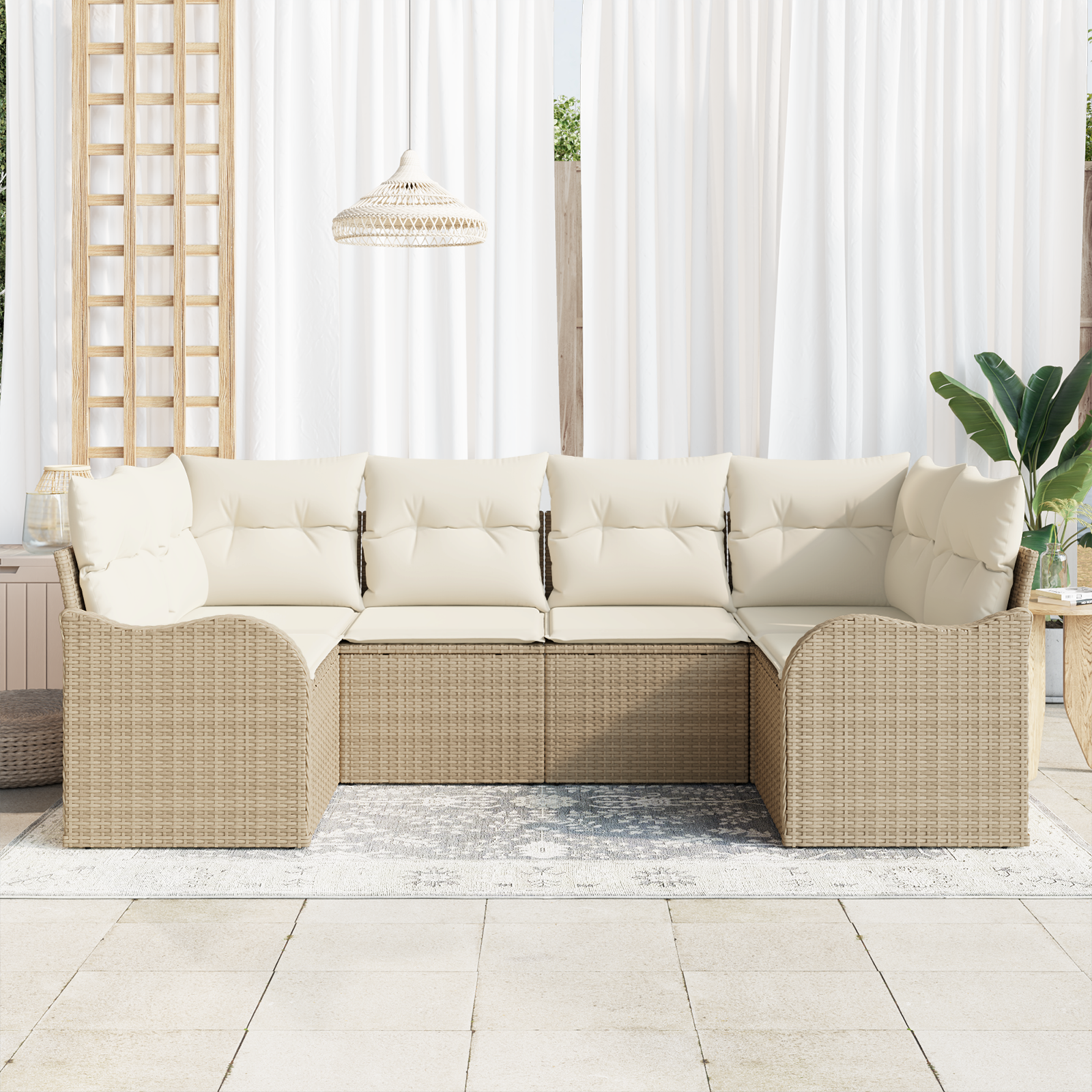 vidaXL 6-delige tuinset met kussens in beige poly rattan