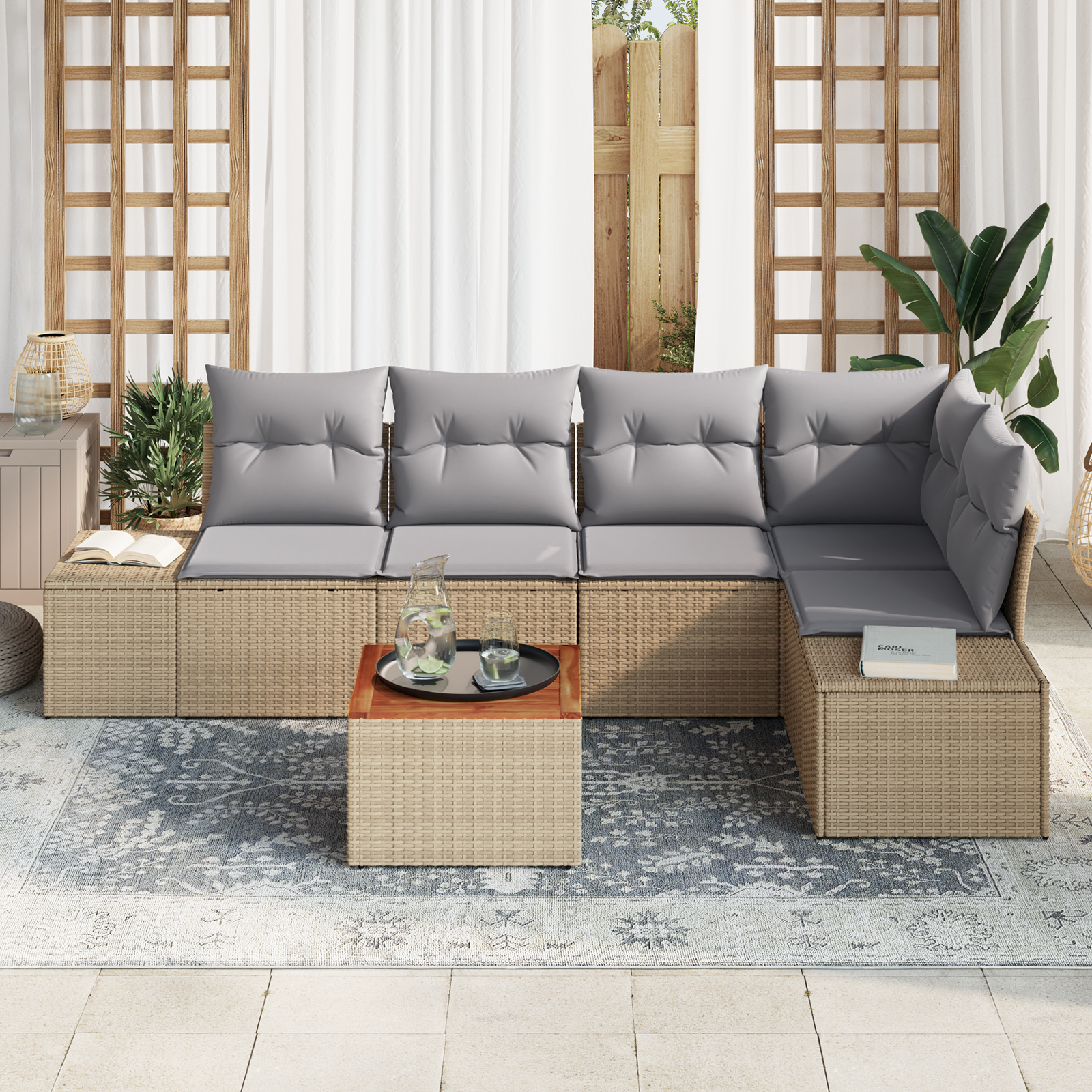 vidaXL 6-delige Tuinbankenset met kussens poly rattan acaciahout beige