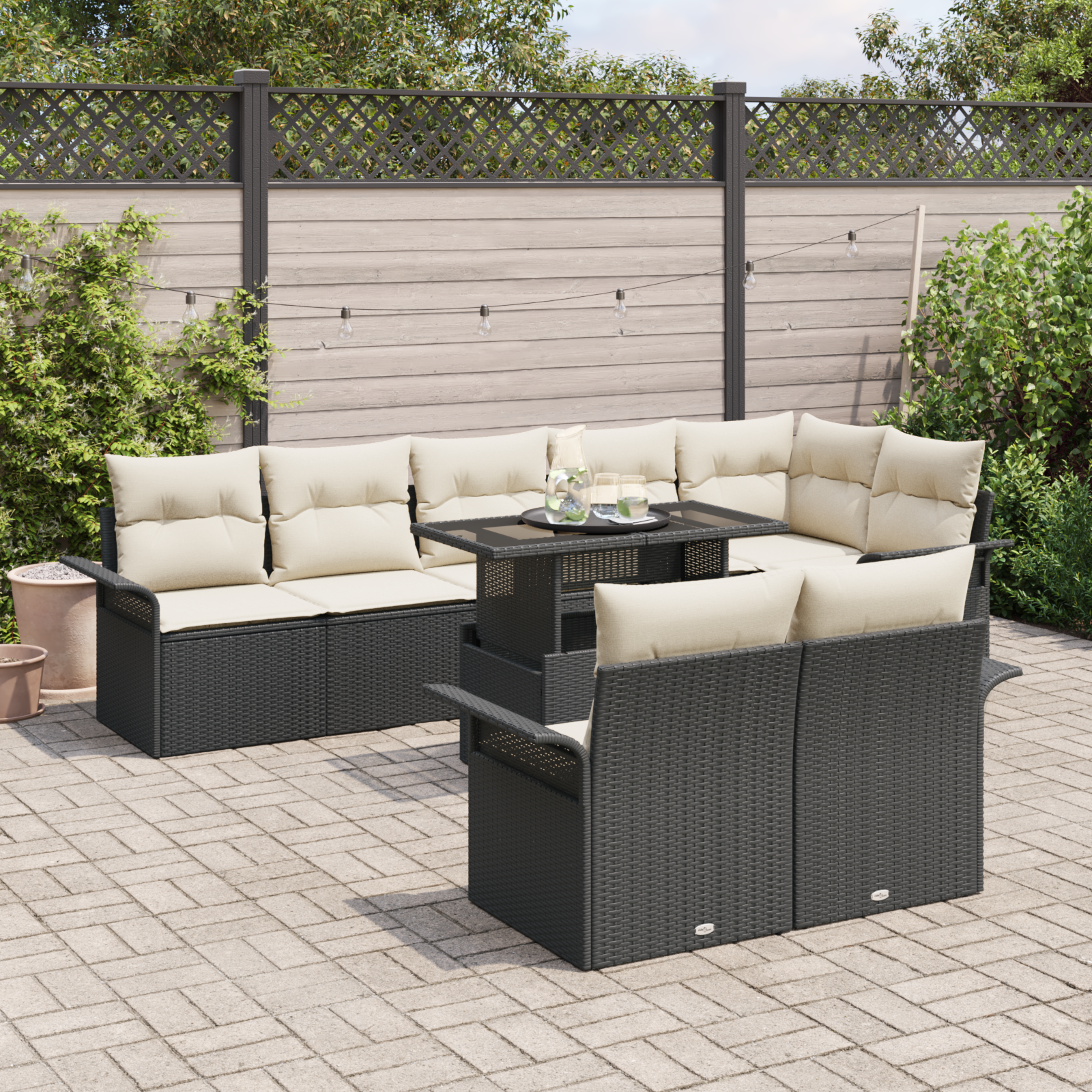 vidaXL 9-delige tuinbankset met kussens in zwart poly rattan
