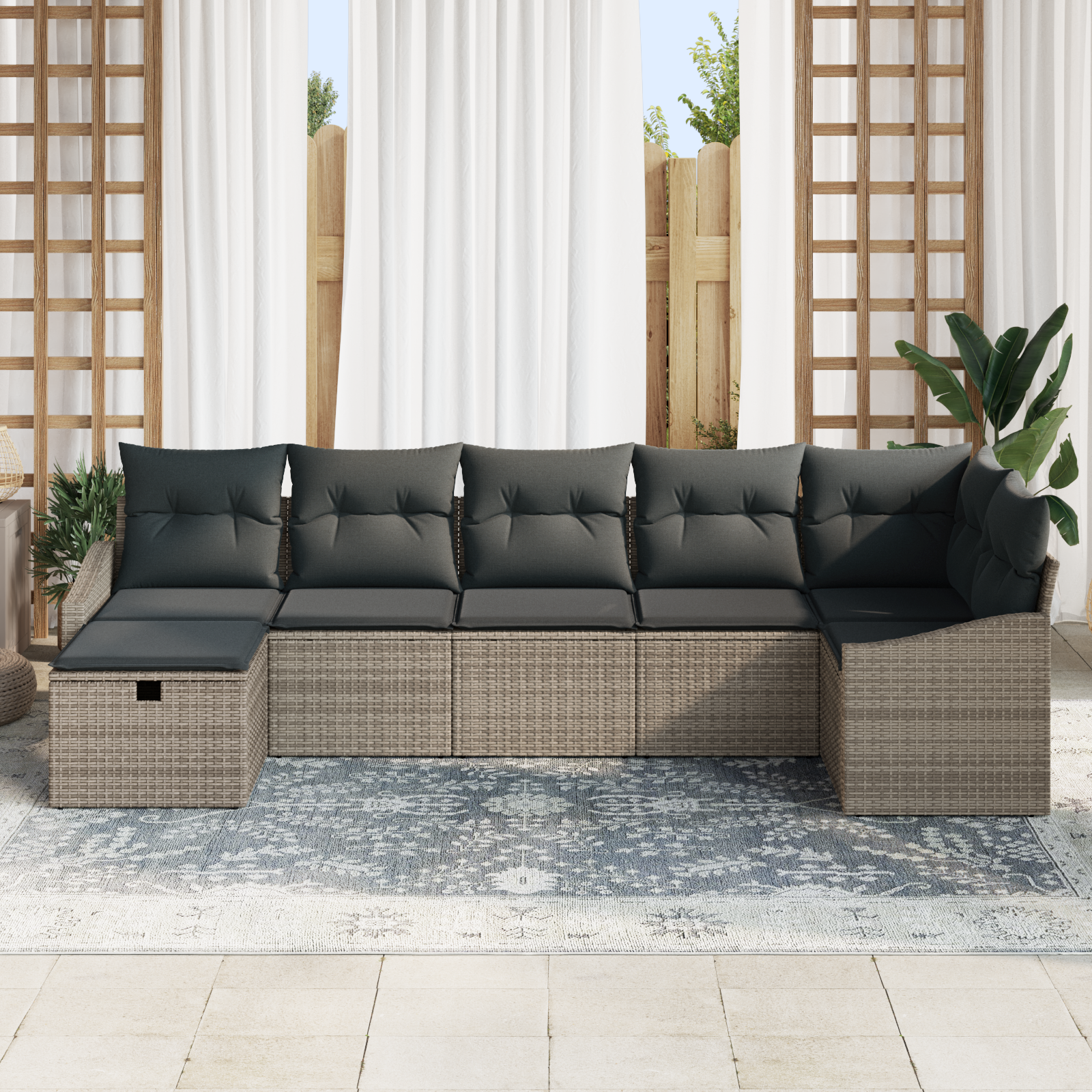 vidaXL 7-delige Tuinbankenset met kussens poly rattan grijs