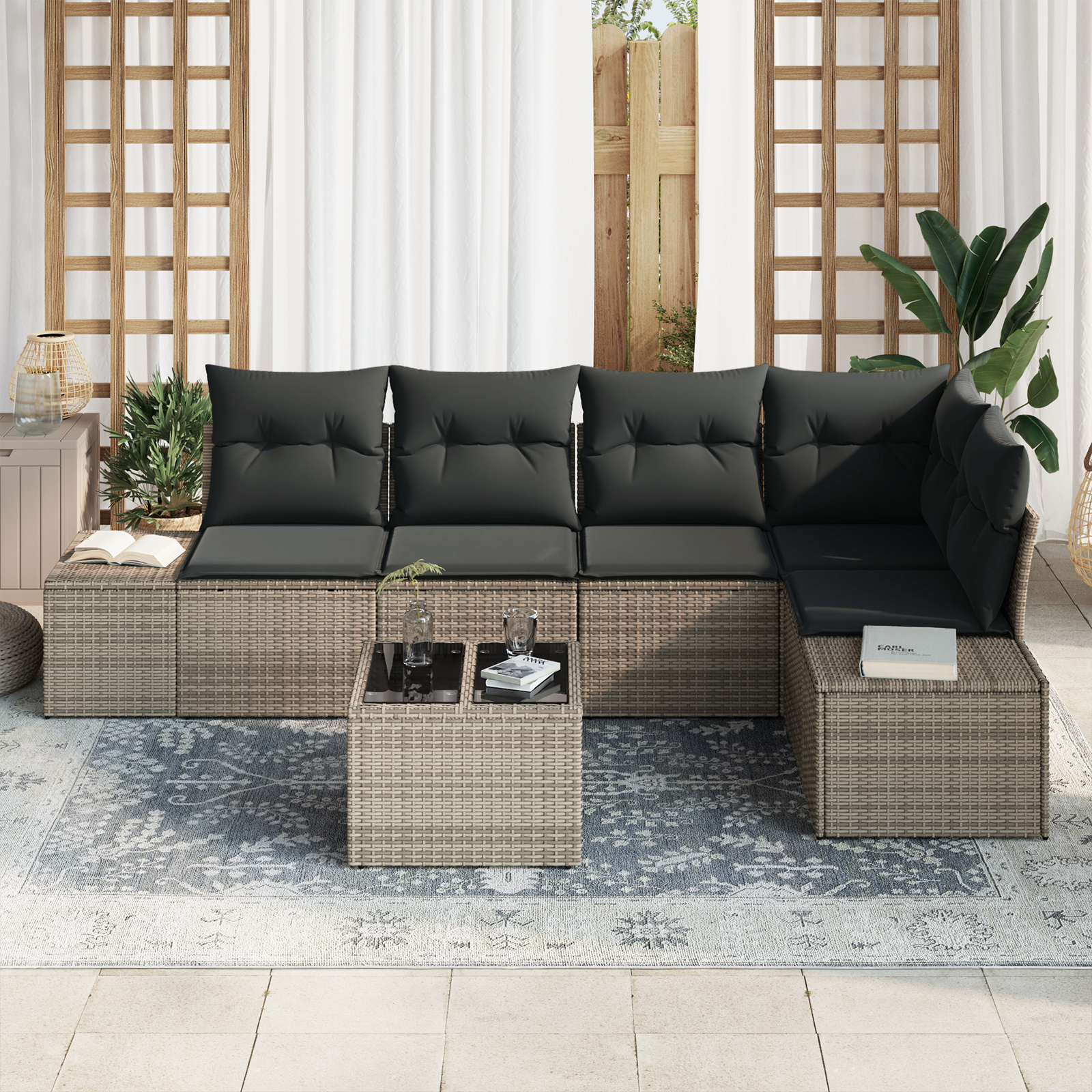 vidaXL 5-delige Tuinbankenset met kussens poly rattan zwart