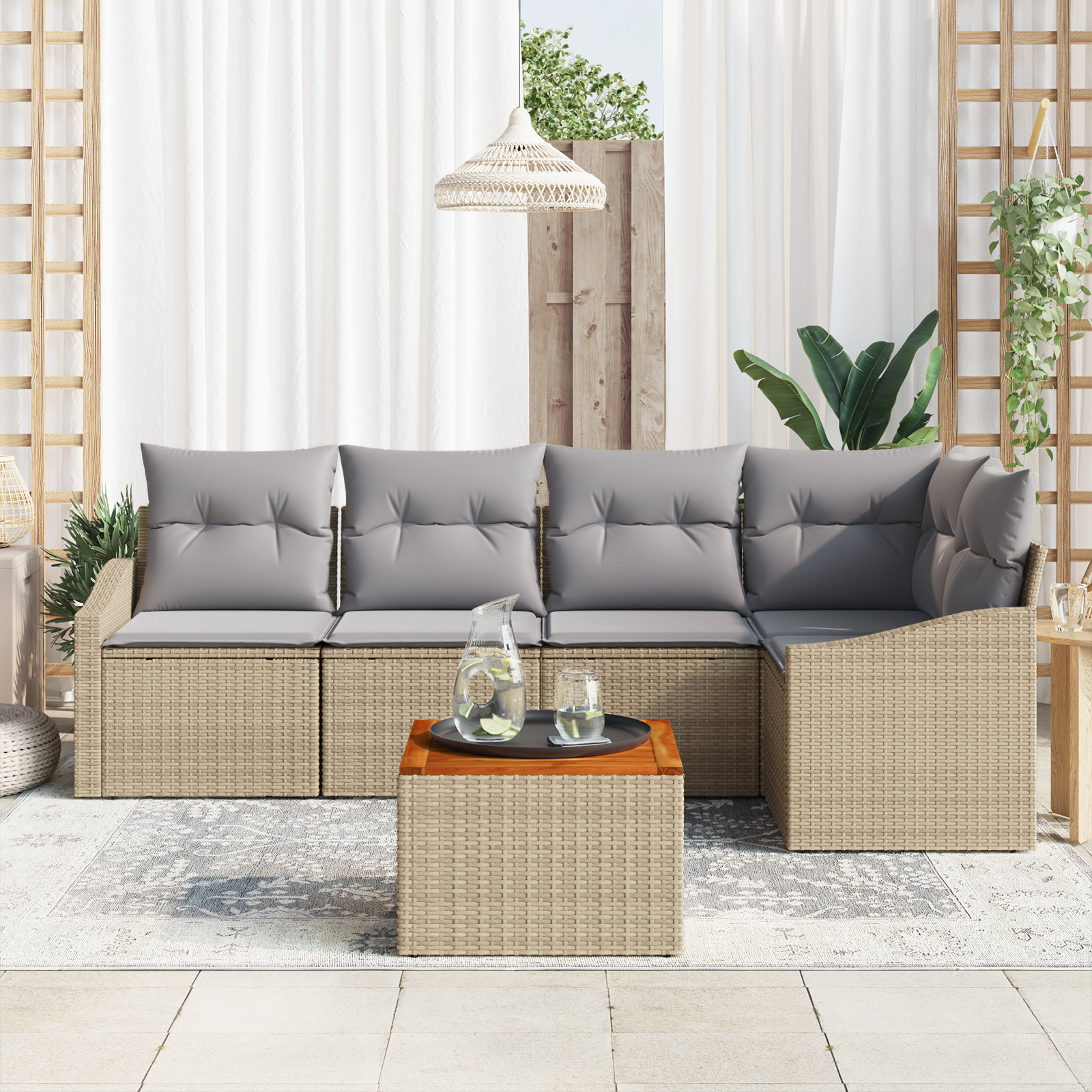 vidaXL 6-delige tuinsofa set met kussens in Beige van Poly Rattan en Acacia
