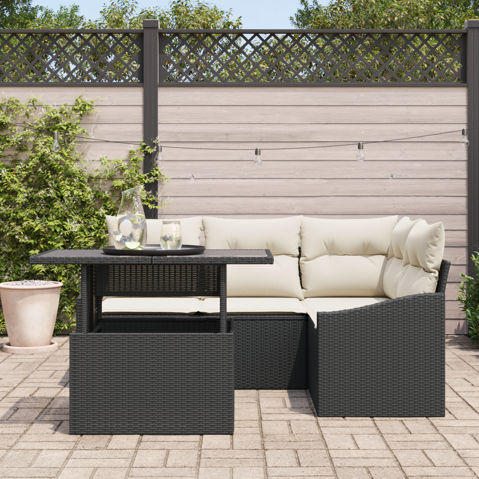 vidaXL 5-delige Tuinbankenset met kussens poly rattan zwart