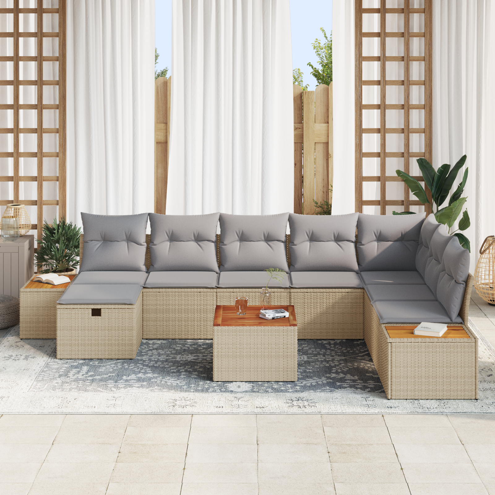 vidaXL 9-delige Tuinbankenset met kussens poly rattan beige