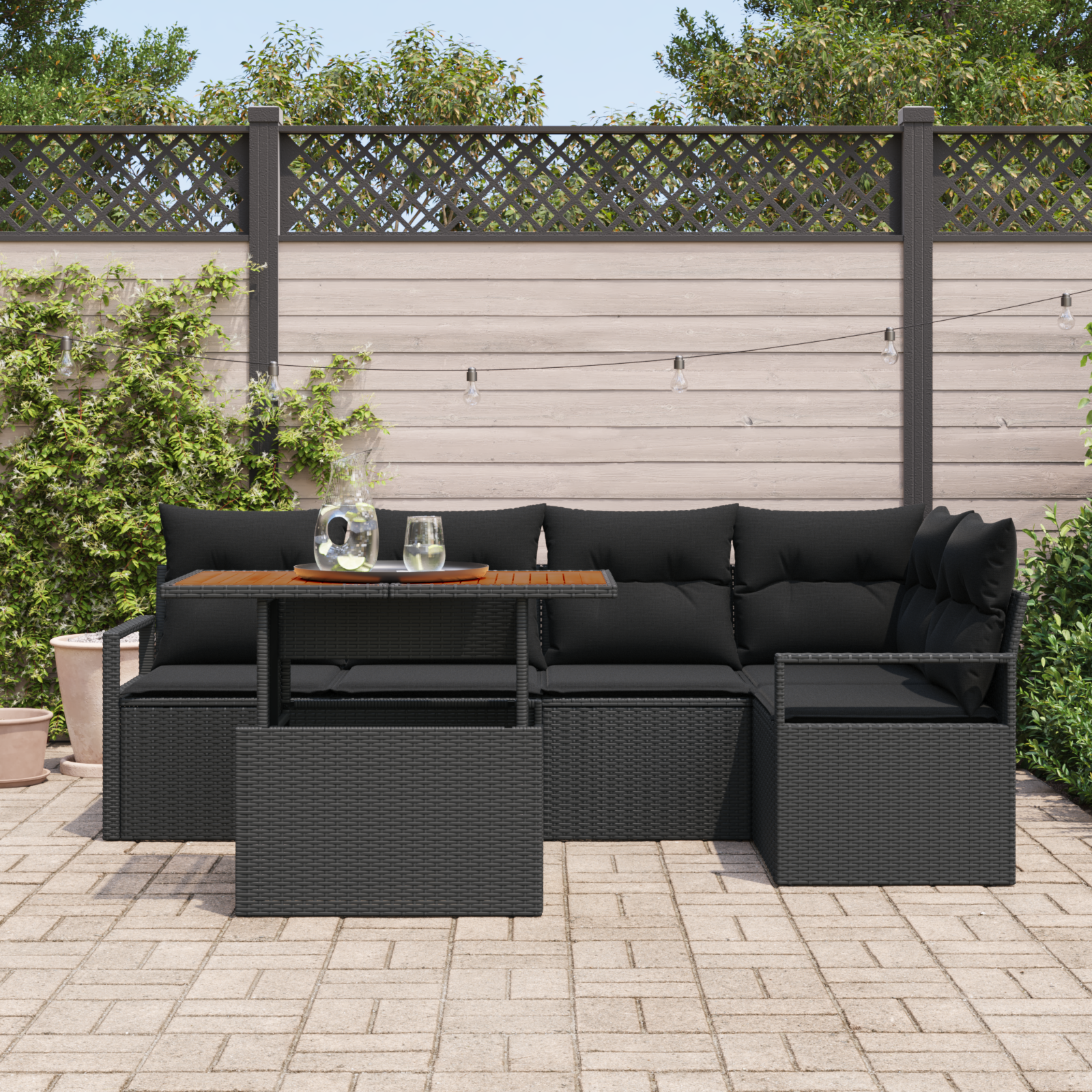 vidaXL 6-delige ligbedset met kussens zwart poly riet acacia