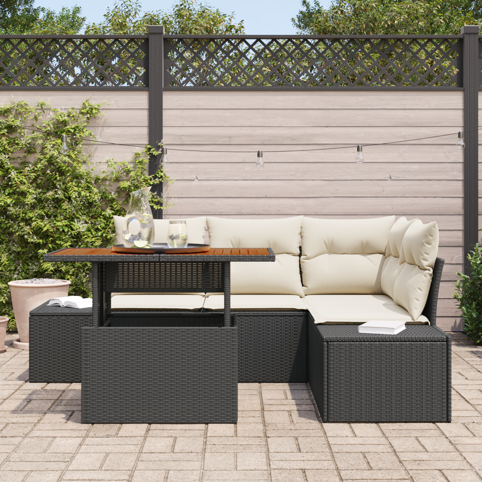 vidaXL 5-delige Tuinbankenset met kussens poly rattan zwart