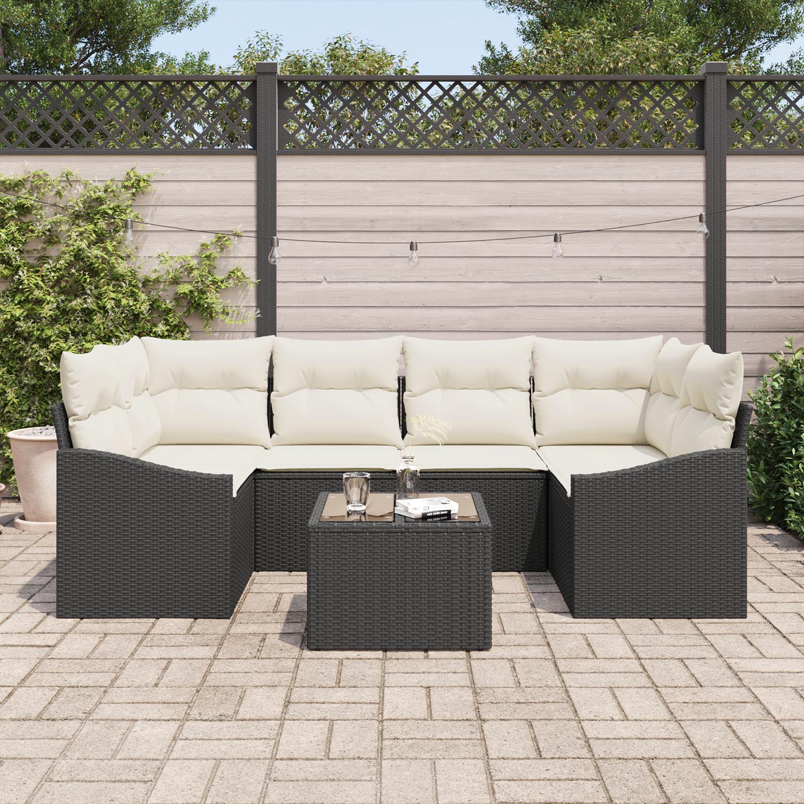 vidaXL 7-delige Tuinbankenset met kussens poly rattan zwart