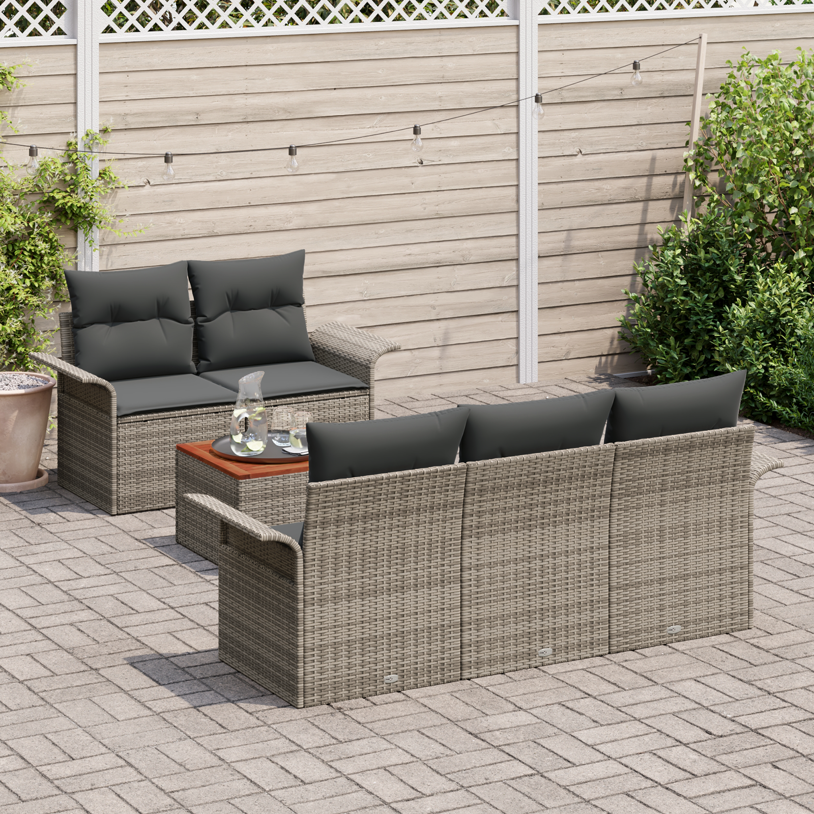 vidaXL 6-delige Tuinbankenset met kussens poly rattan acaciahout grijs