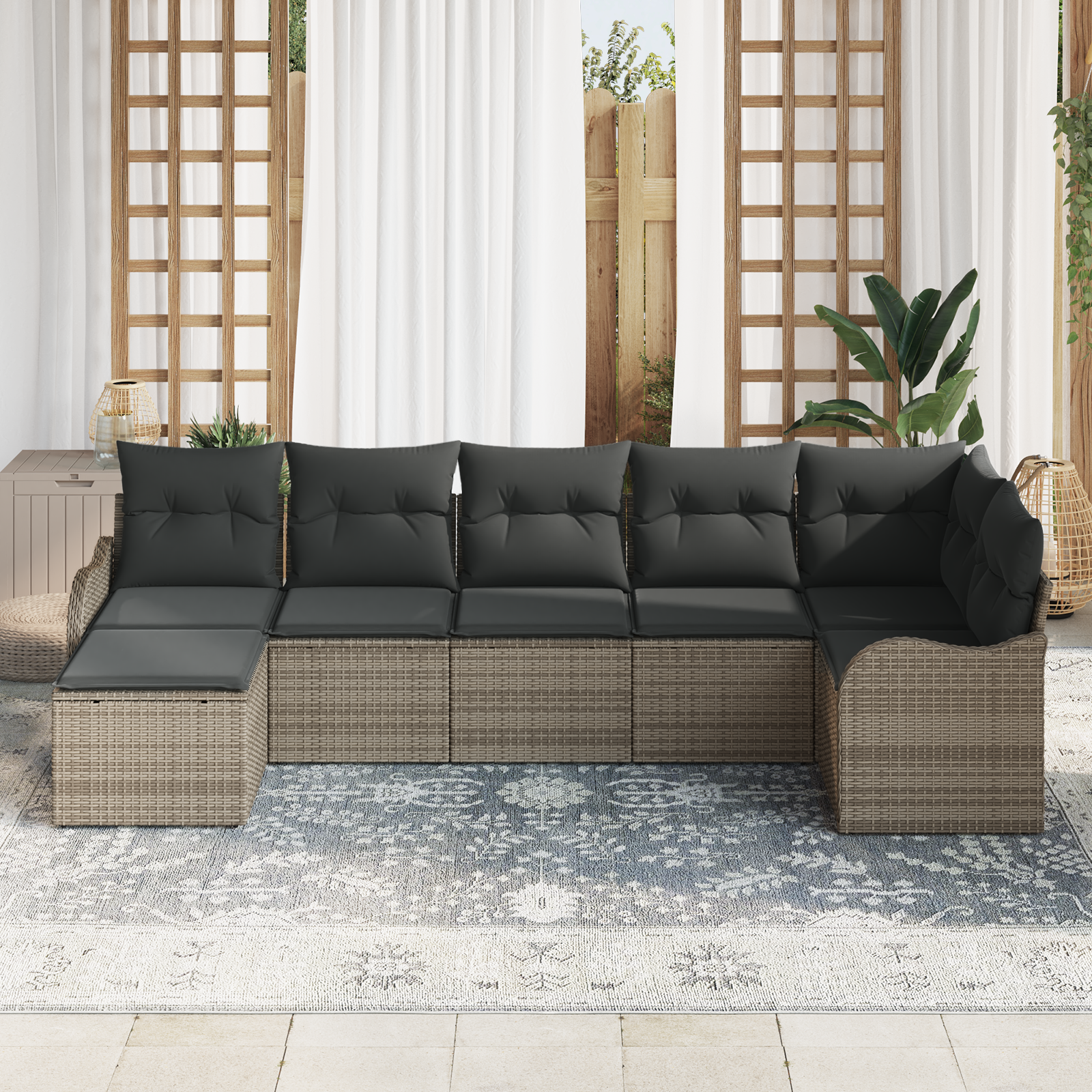 vidaXL 7-delige tuinset met kussens - Grijs Poly Rattan